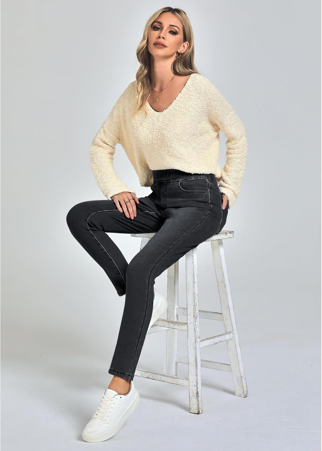 GRAPENT Jeans for Women High Waisted Pull On Fleece Lined Leggings Stretchy Denim Skinny Jeggings Thermal Winter PantsWashed Black