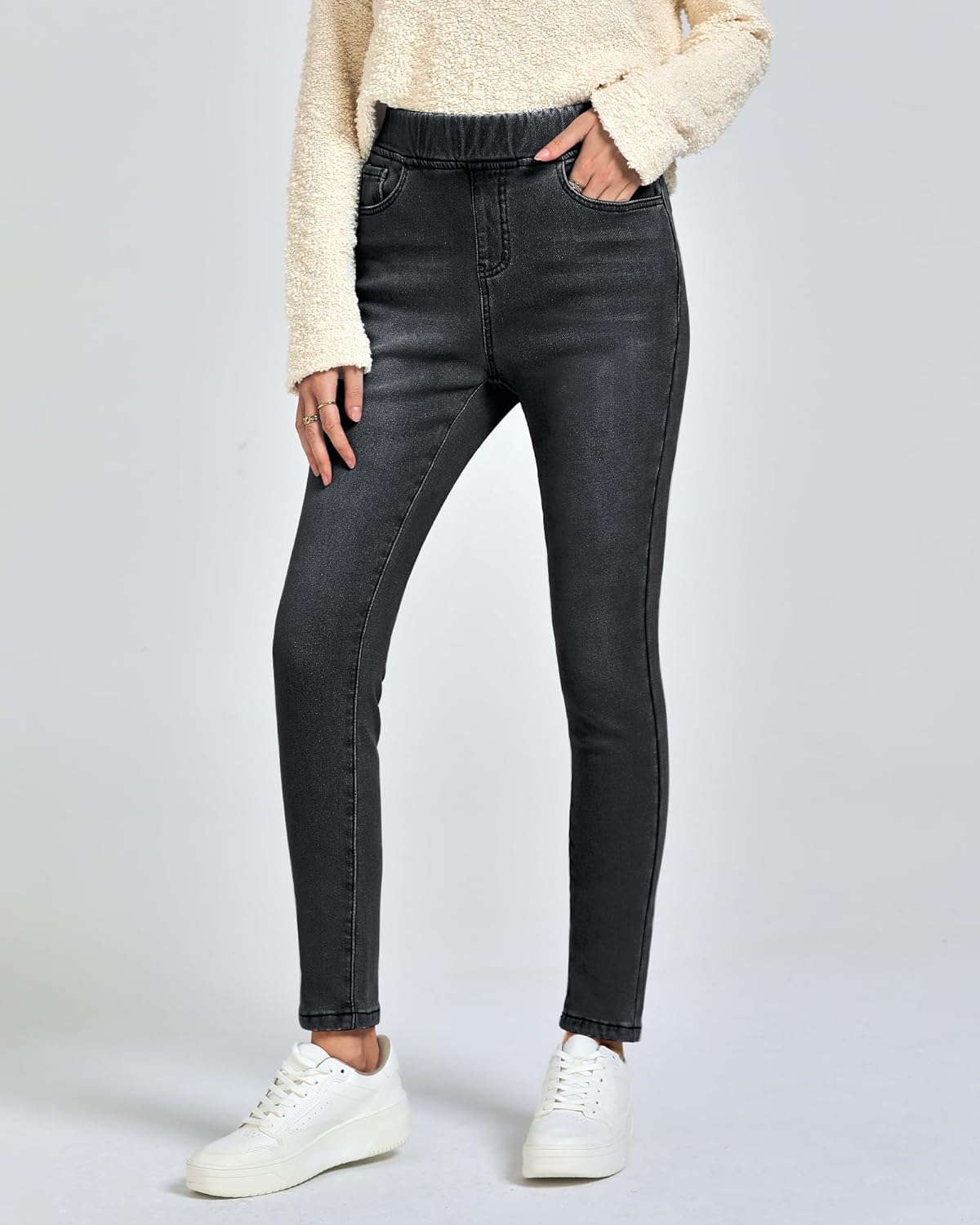 GRAPENT Jeans for Women High Waisted Pull On Fleece Lined Leggings Stretchy Denim Skinny Jeggings Thermal Winter PantsWashed Black