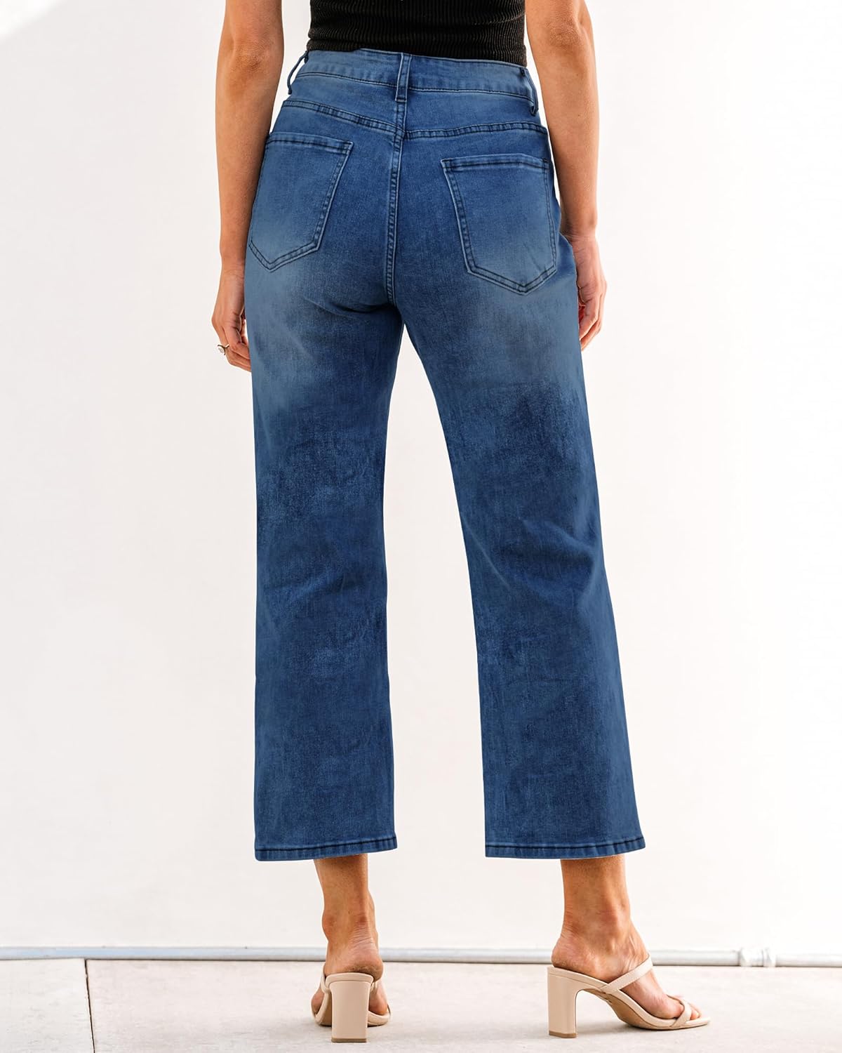 GRAPENT Jeans for Women Trendy High Waisted Baggy Straight Leg Stretchy Denim Ankle Pants Cropped Jeans with PocketsClassic Blue