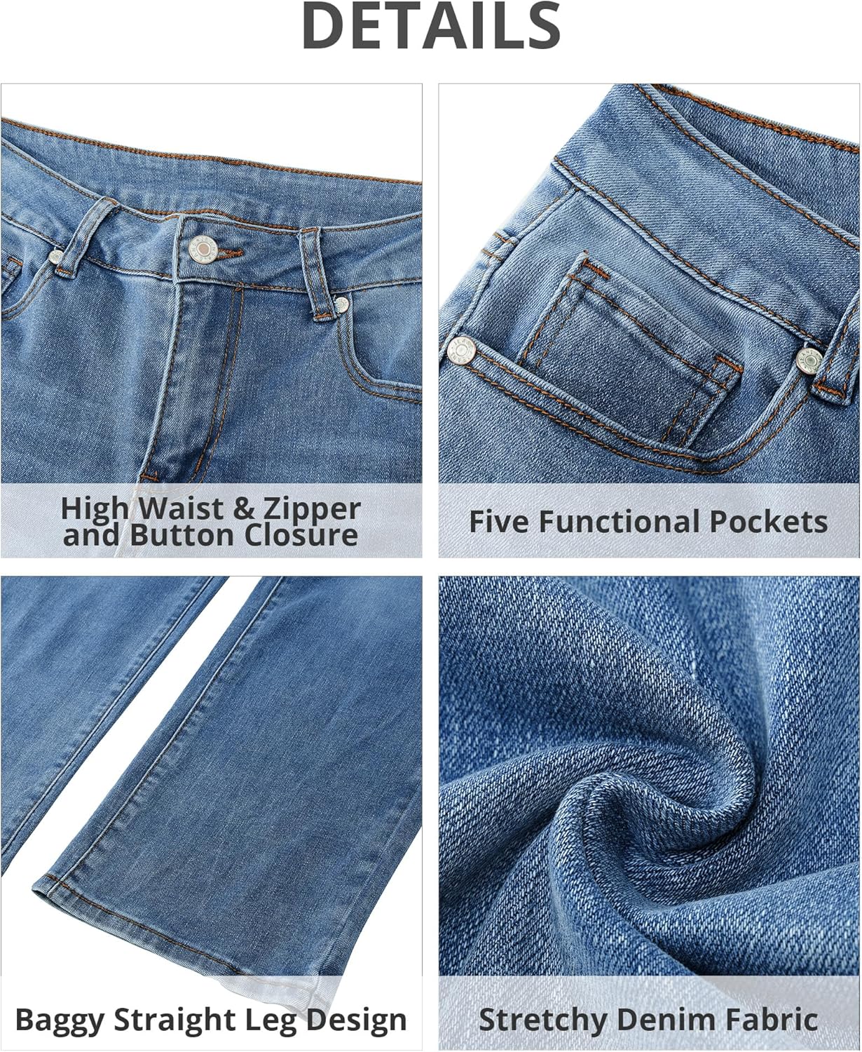 GRAPENT Jeans for Women Trendy High Waisted Baggy Straight Leg Stretchy Denim Ankle Pants Cropped Jeans with PocketsClassic Blue