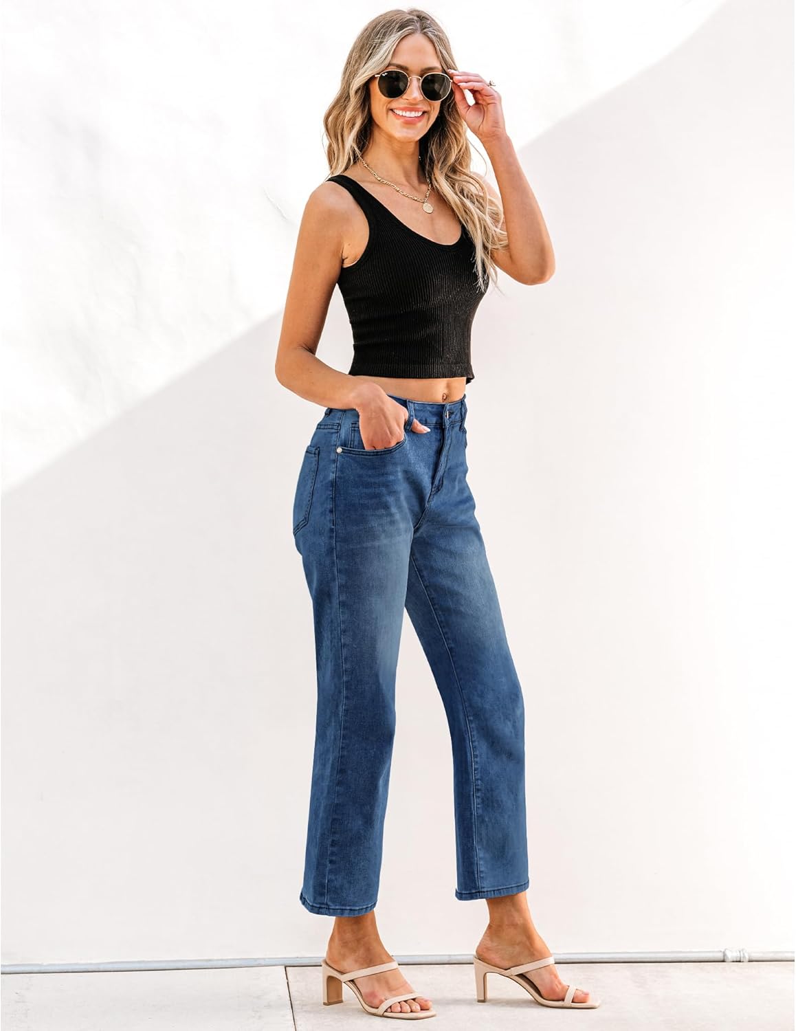 GRAPENT Jeans for Women Trendy High Waisted Baggy Straight Leg Stretchy Denim Ankle Pants Cropped Jeans with PocketsClassic Blue