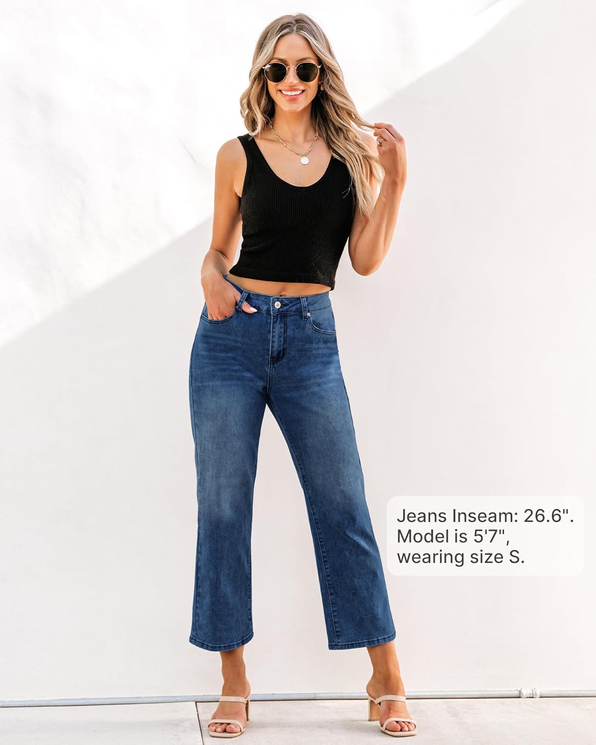GRAPENT Jeans for Women Trendy High Waisted Baggy Straight Leg Stretchy Denim Ankle Pants Cropped Jeans with PocketsClassic Blue