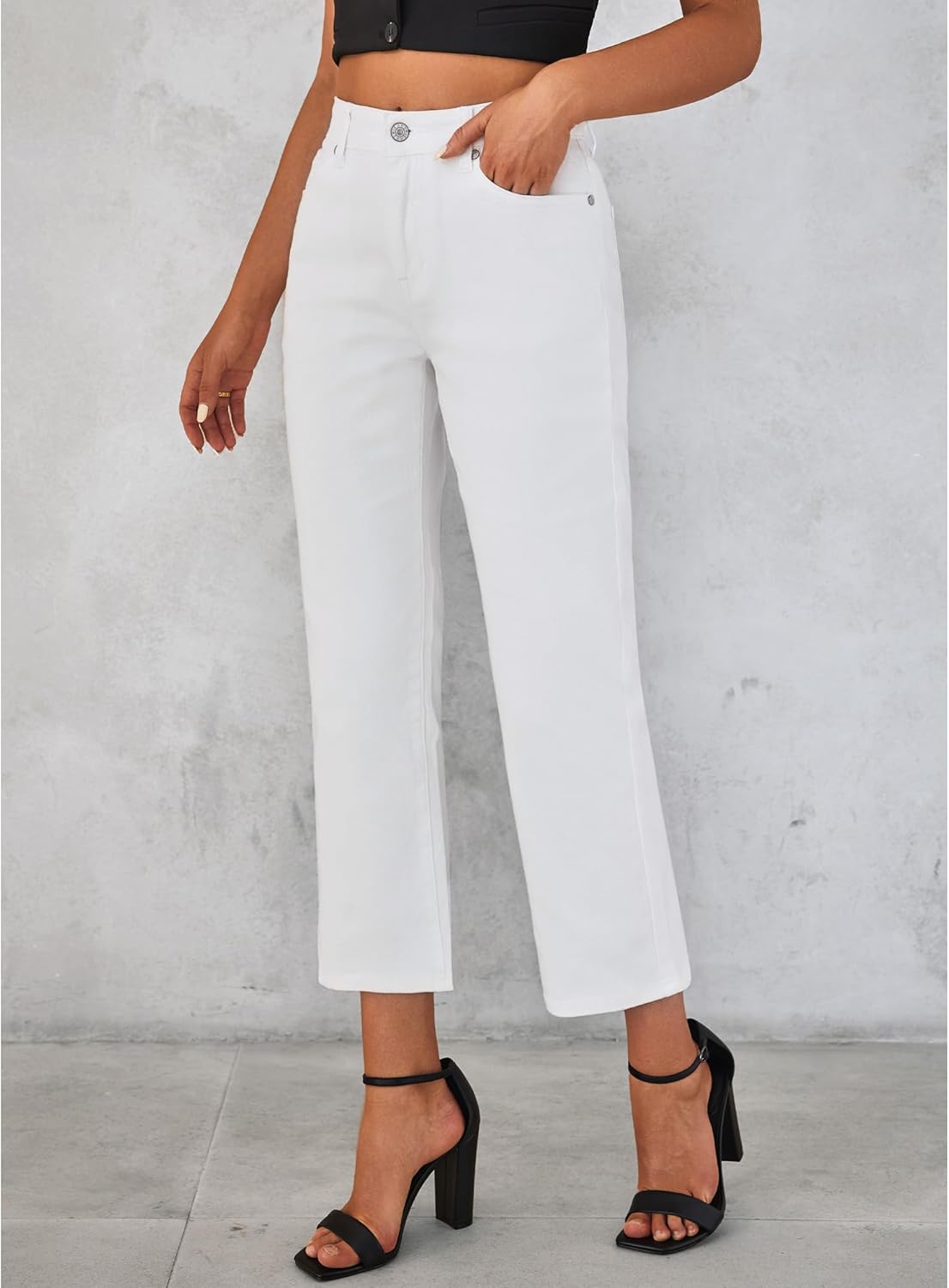 GRAPENT Jeans for Women Trendy High Waisted Baggy Straight Leg Stretchy Denim Ankle Pants Cropped Jeans with PocketsCream White