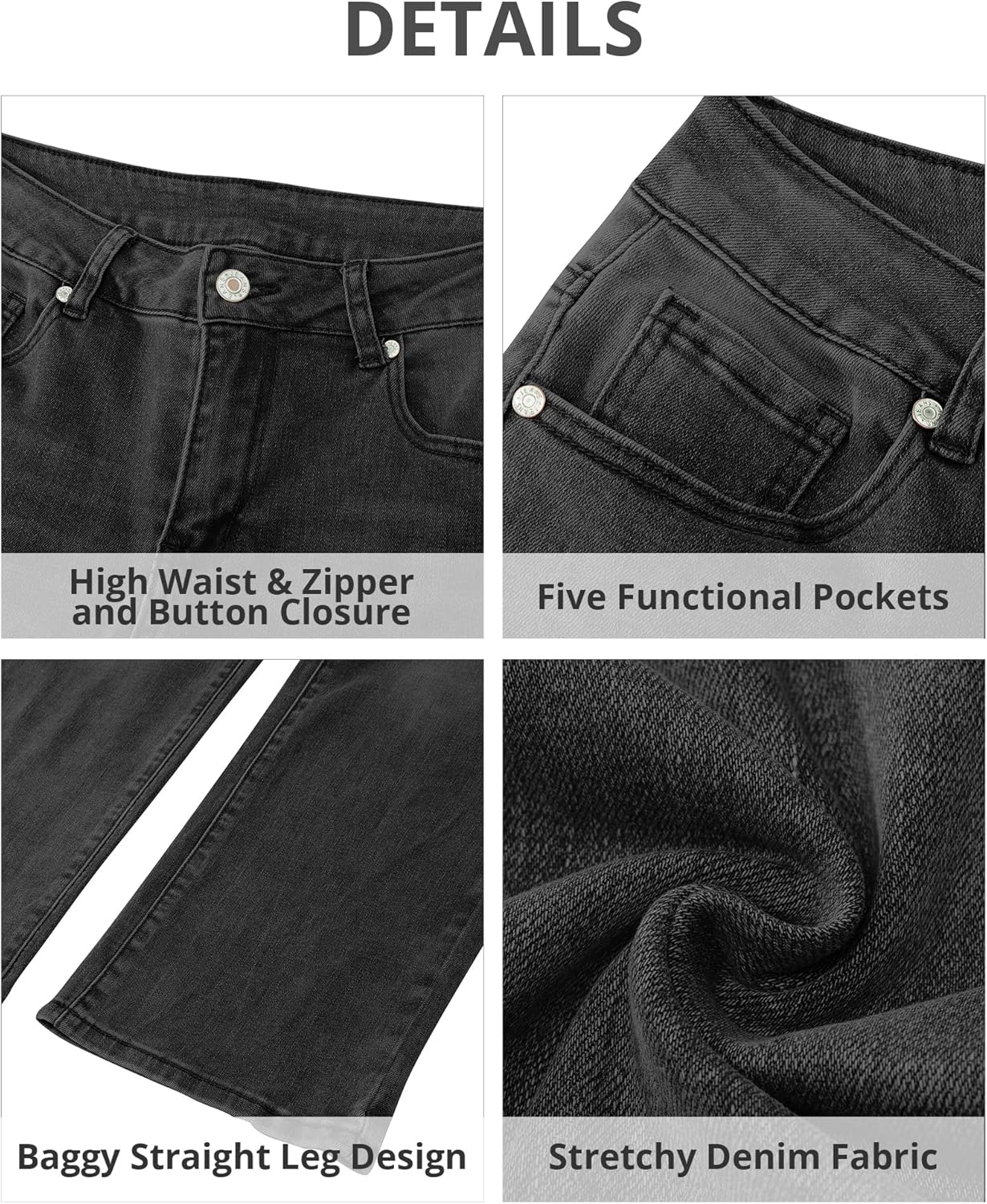 GRAPENT Jeans for Women Trendy High Waisted Baggy Straight Leg Stretchy Denim Ankle Pants Cropped Jeans with PocketsFaded Black