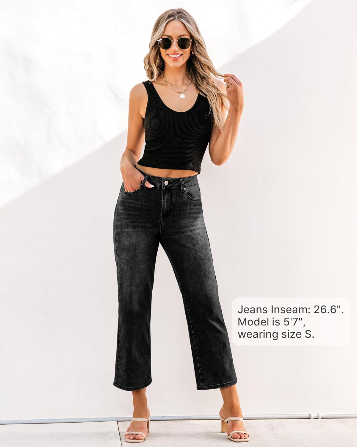 GRAPENT Jeans for Women Trendy High Waisted Baggy Straight Leg Stretchy Denim Ankle Pants Cropped Jeans with PocketsFaded Black