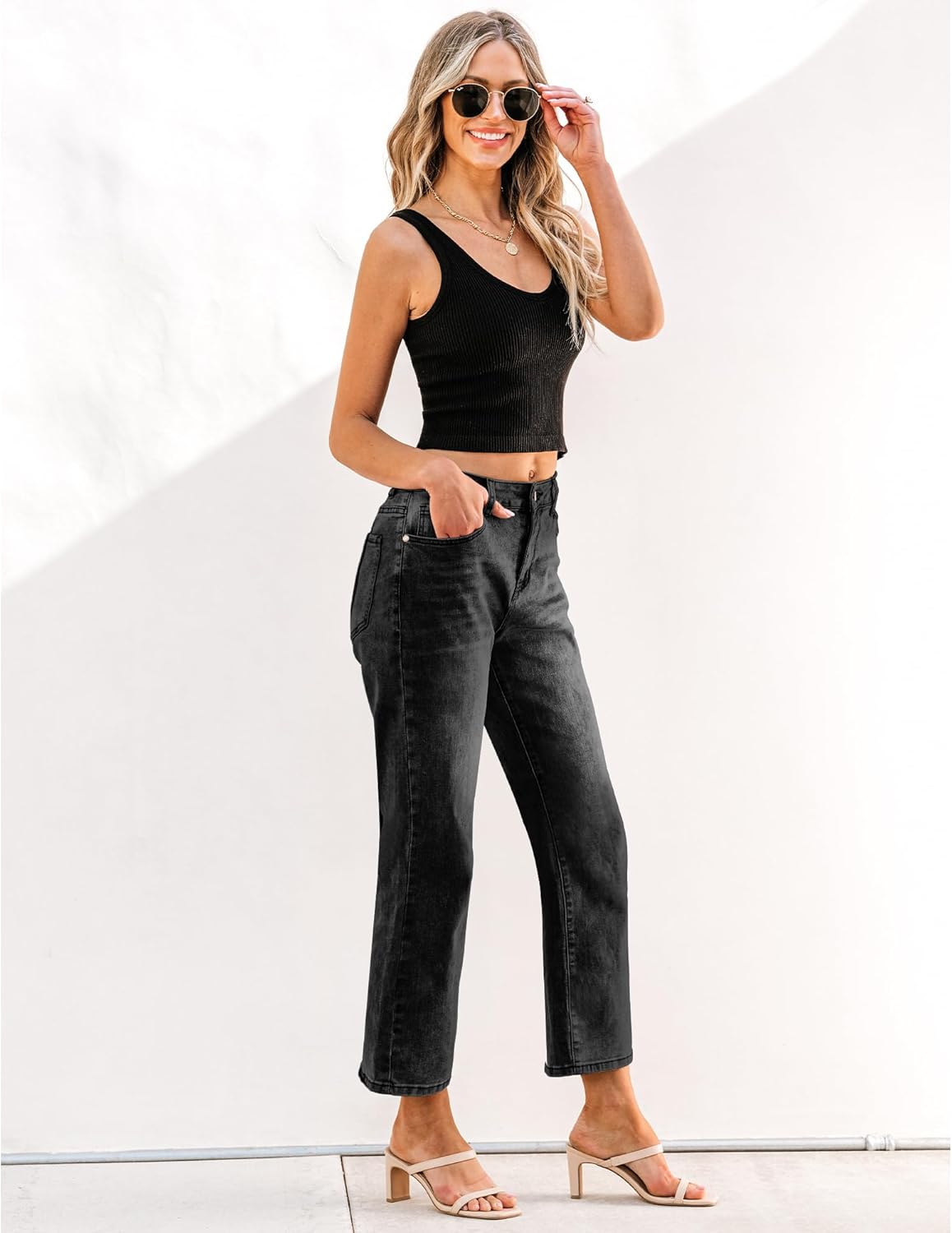 GRAPENT Jeans for Women Trendy High Waisted Baggy Straight Leg Stretchy Denim Ankle Pants Cropped Jeans with PocketsFaded Black