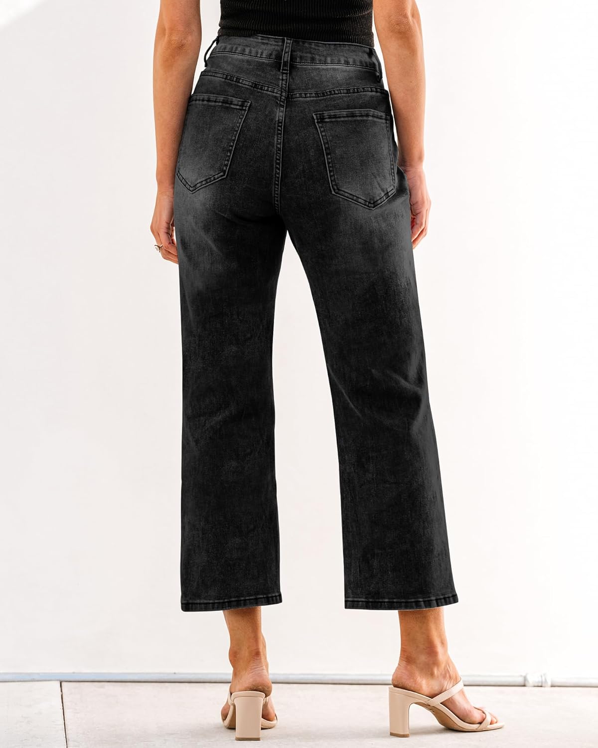GRAPENT Jeans for Women Trendy High Waisted Baggy Straight Leg Stretchy Denim Ankle Pants Cropped Jeans with PocketsFaded Black