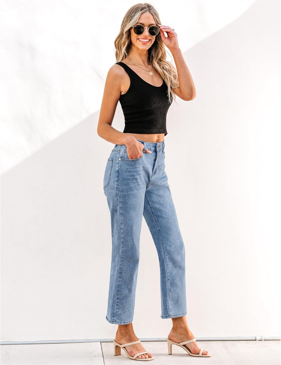 GRAPENT Jeans for Women Trendy High Waisted Baggy Straight Leg Stretchy Denim Ankle Pants Cropped Jeans with PocketsLakeside Blue