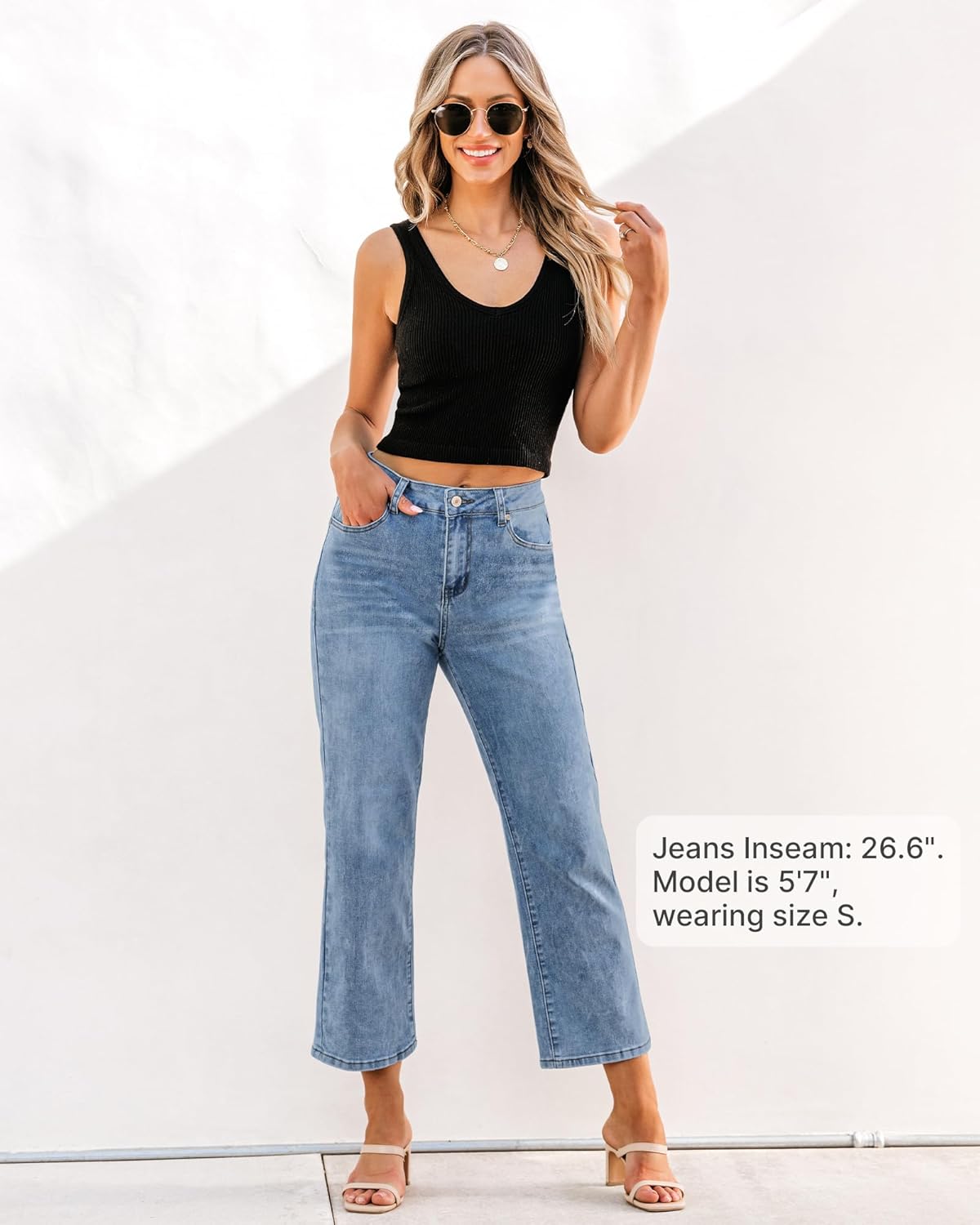 GRAPENT Jeans for Women Trendy High Waisted Baggy Straight Leg Stretchy Denim Ankle Pants Cropped Jeans with PocketsLakeside Blue