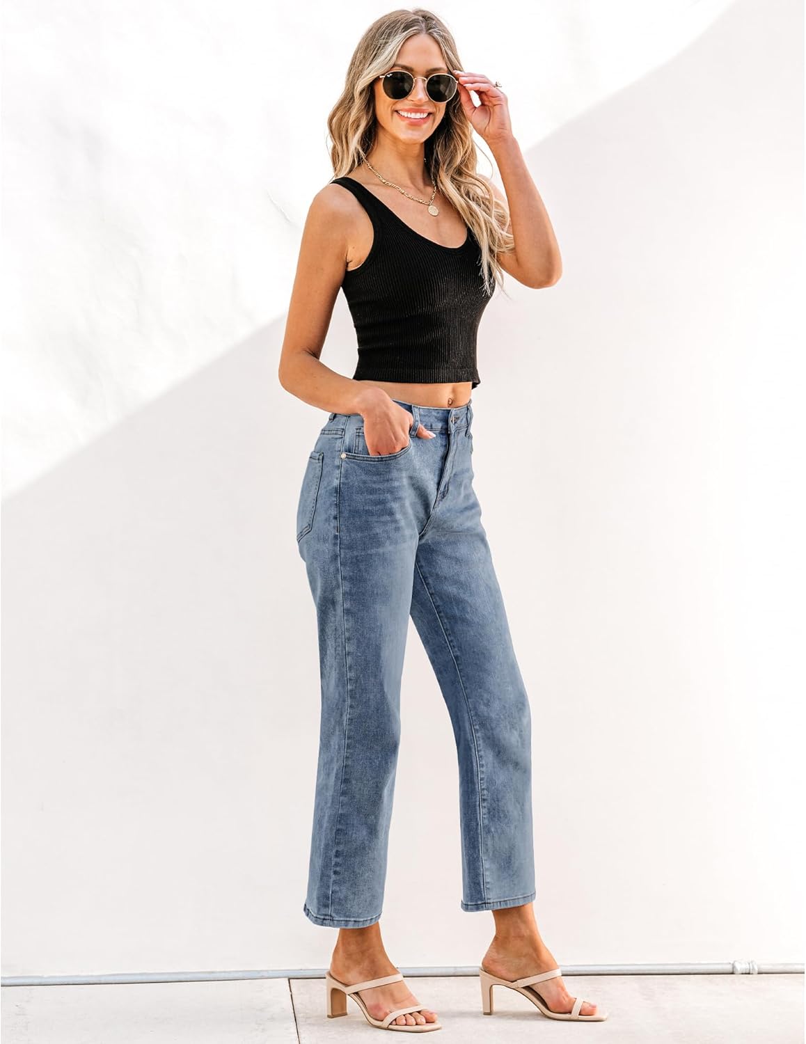 GRAPENT Jeans for Women Trendy High Waisted Baggy Straight Leg Stretchy Denim Ankle Pants Cropped Jeans with PocketsLapis Blue