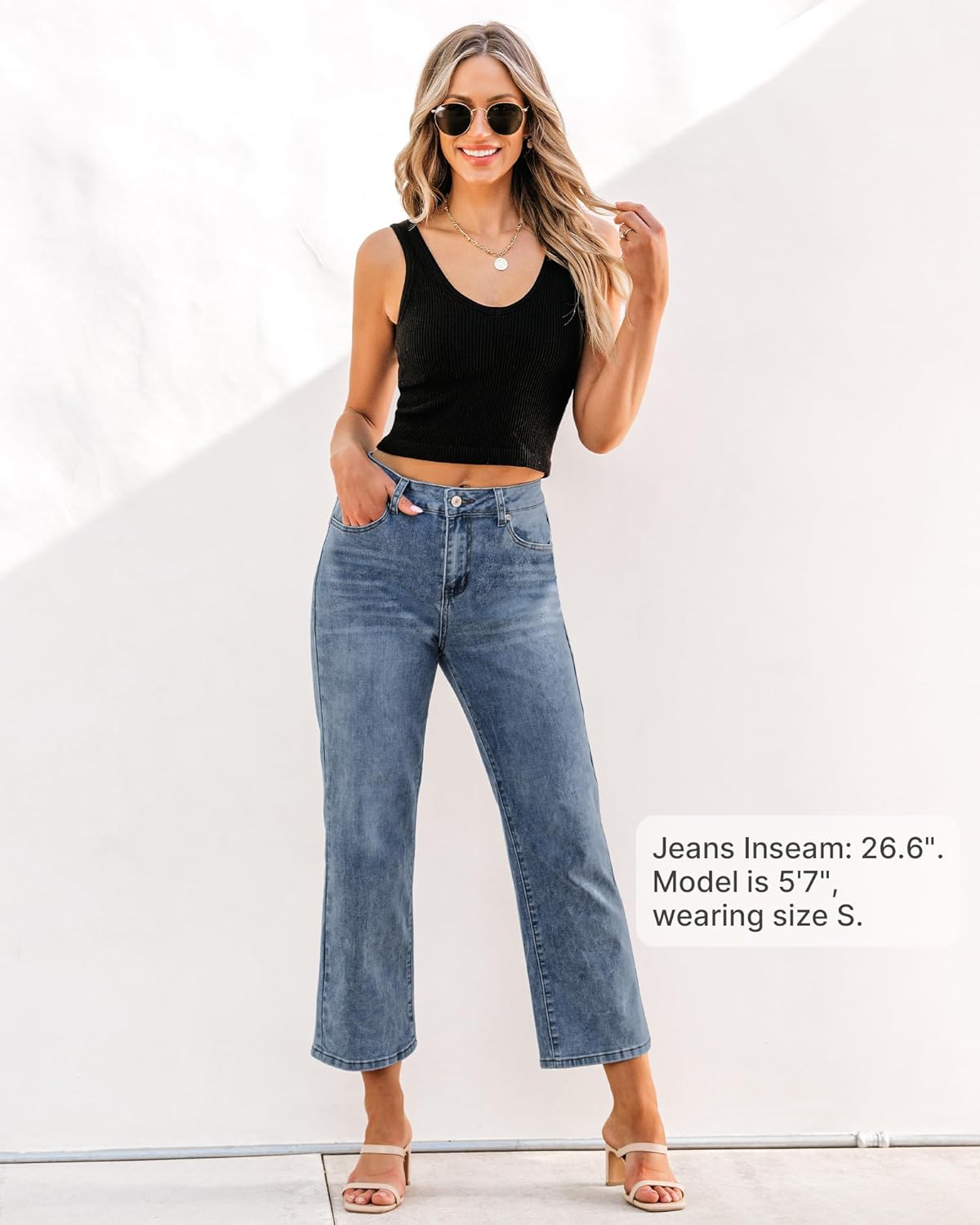 GRAPENT Jeans for Women Trendy High Waisted Baggy Straight Leg Stretchy Denim Ankle Pants Cropped Jeans with PocketsLapis Blue