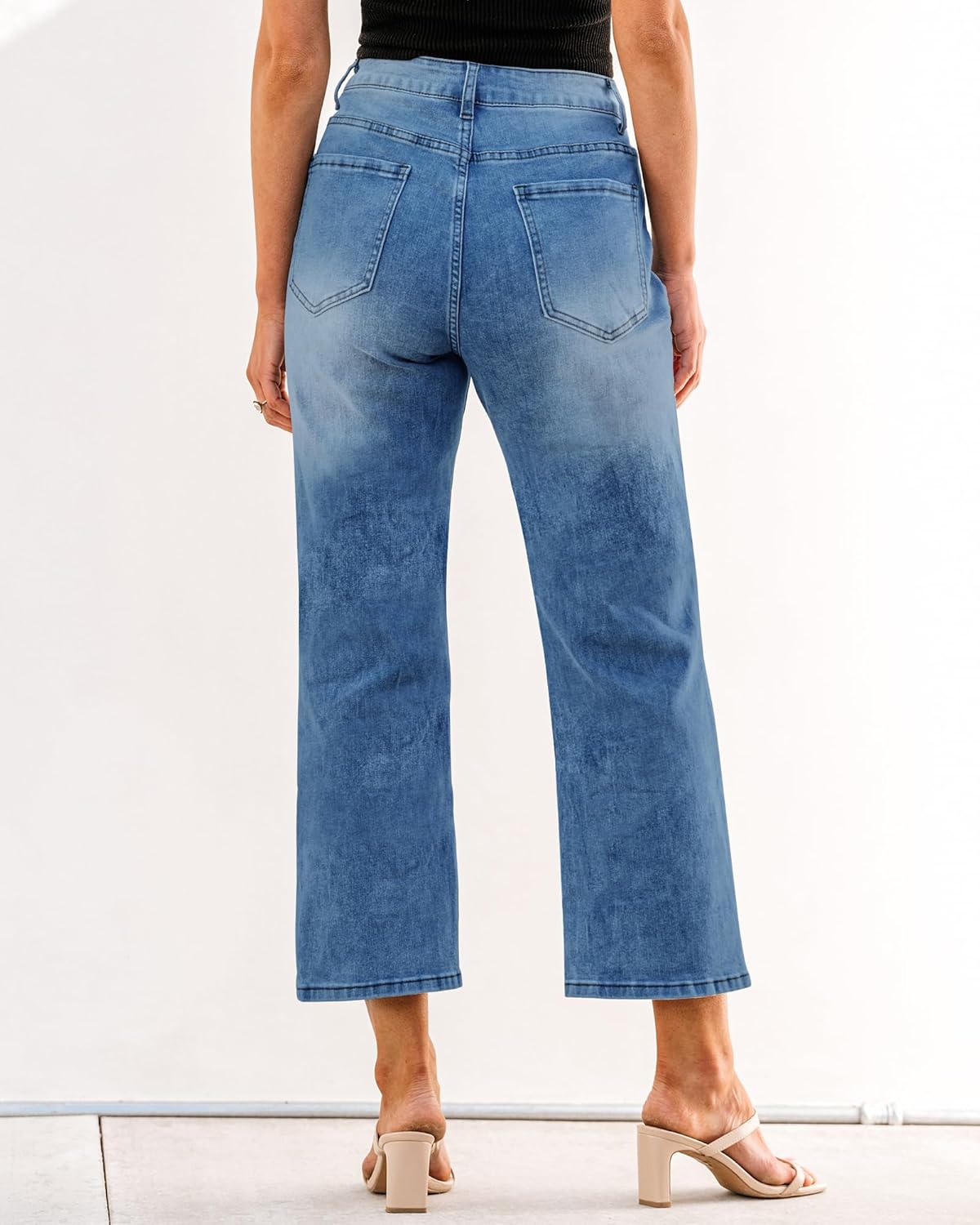 GRAPENT Jeans for Women Trendy High Waisted Baggy Straight Leg Stretchy Denim Ankle Pants Cropped Jeans with PocketsMedium Blue