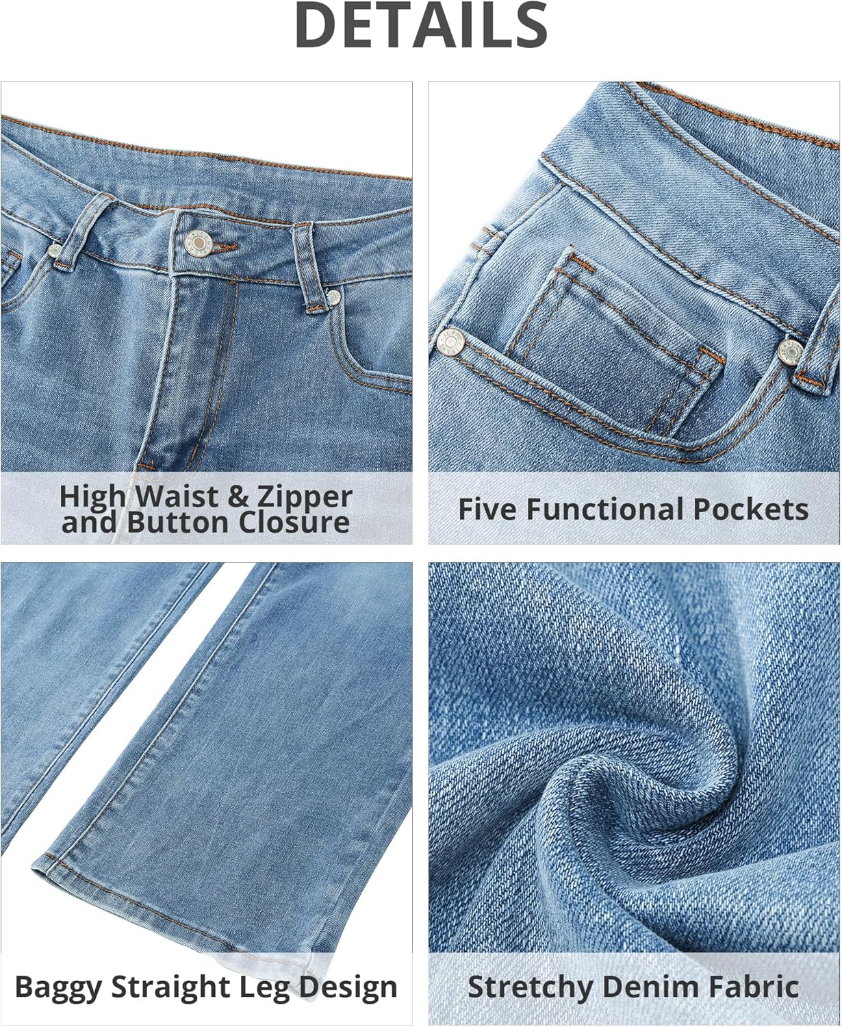 GRAPENT Jeans for Women Trendy High Waisted Baggy Straight Leg Stretchy Denim Ankle Pants Cropped Jeans with PocketsMedium Blue