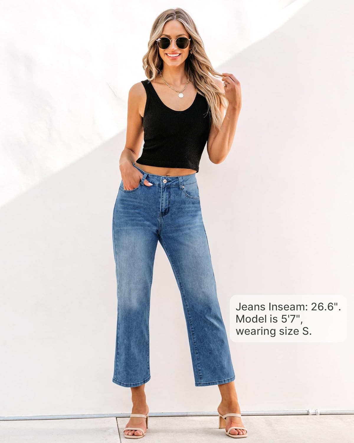 GRAPENT Jeans for Women Trendy High Waisted Baggy Straight Leg Stretchy Denim Ankle Pants Cropped Jeans with PocketsMedium Blue