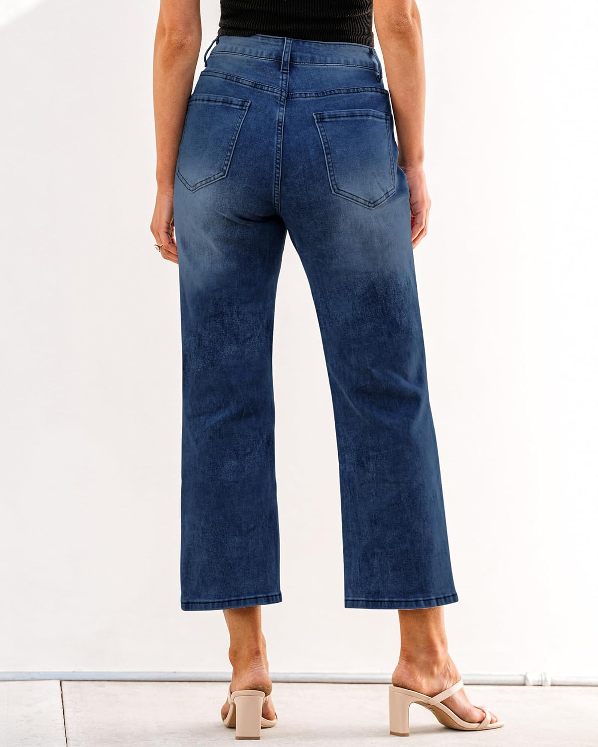 GRAPENT Jeans for Women Trendy High Waisted Baggy Straight Leg Stretchy Denim Ankle Pants Cropped Jeans with PocketsNightfall Blue