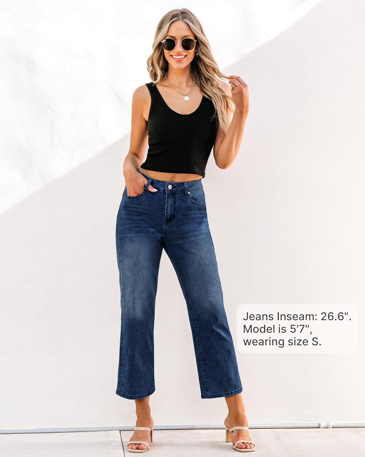 GRAPENT Jeans for Women Trendy High Waisted Baggy Straight Leg Stretchy Denim Ankle Pants Cropped Jeans with PocketsNightfall Blue