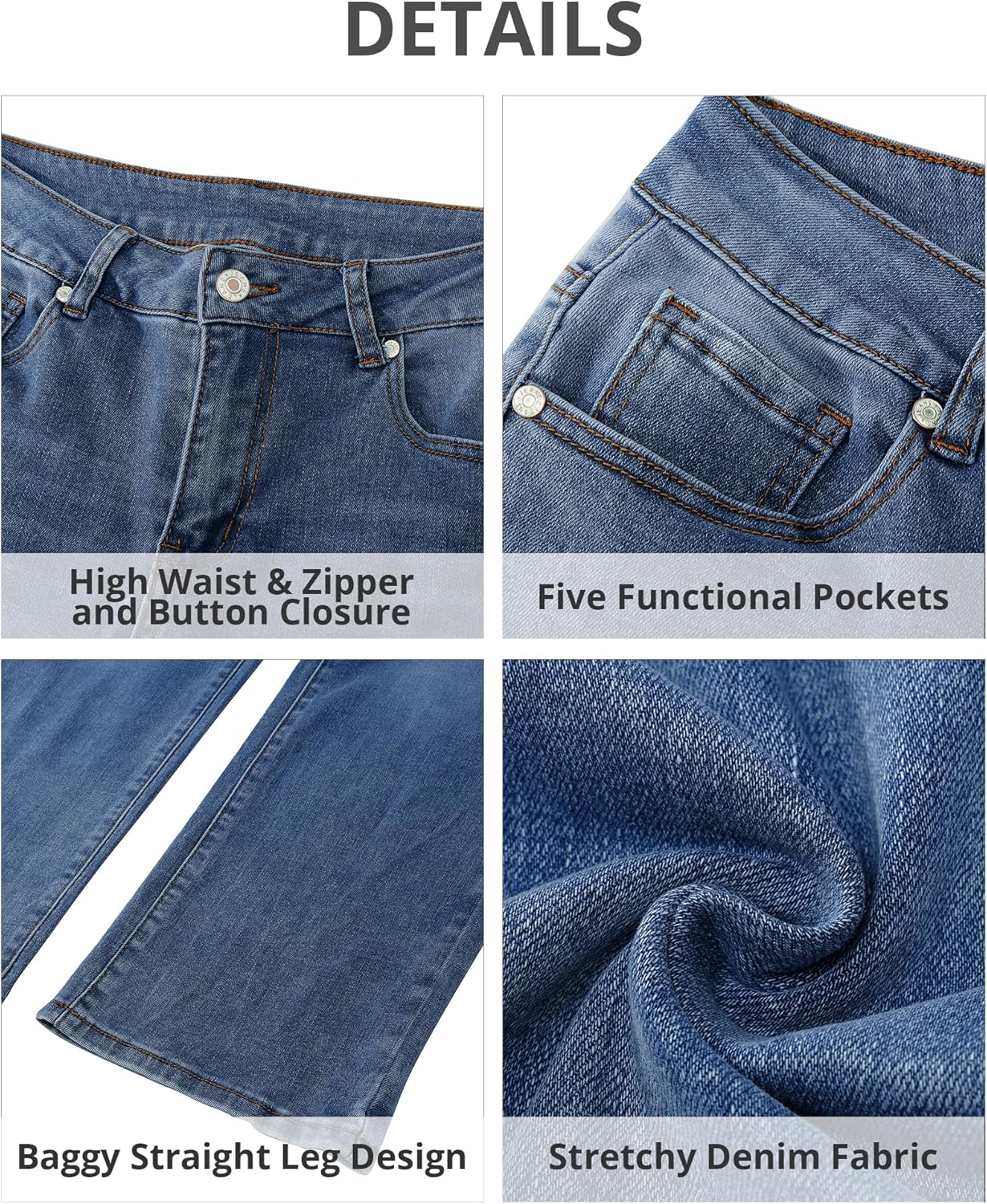 GRAPENT Jeans for Women Trendy High Waisted Baggy Straight Leg Stretchy Denim Ankle Pants Cropped Jeans with PocketsNightfall Blue