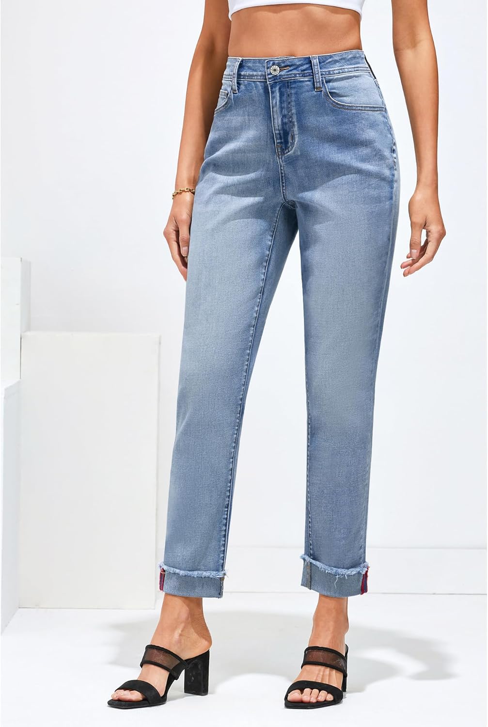GRAPENT Jeans for Women Trendy High Waisted Slim Straight Leg Mom Jeans Stretchy Denim Pants Trouser Jeans with PocketsBlue Mist