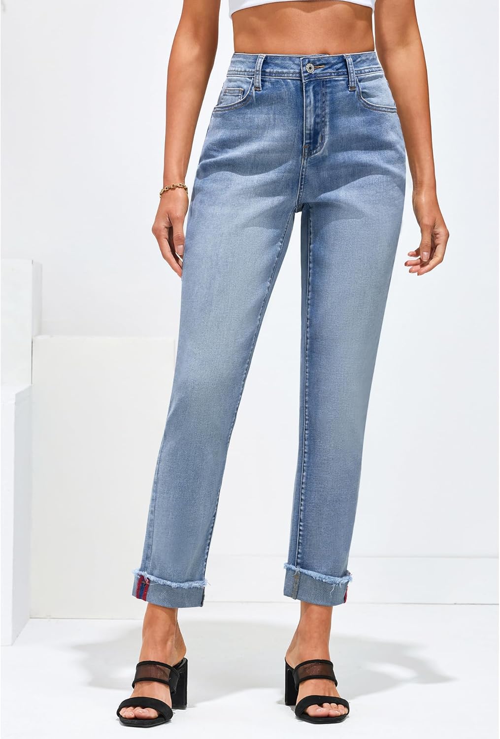 GRAPENT Jeans for Women Trendy High Waisted Slim Straight Leg Mom Jeans Stretchy Denim Pants Trouser Jeans with PocketsBlue Mist
