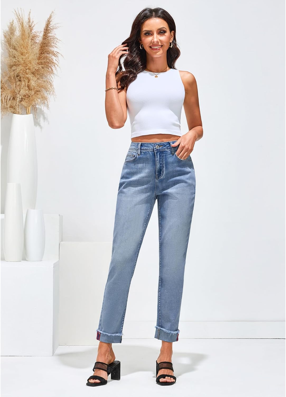 GRAPENT Jeans for Women Trendy High Waisted Slim Straight Leg Mom Jeans Stretchy Denim Pants Trouser Jeans with PocketsBlue Mist