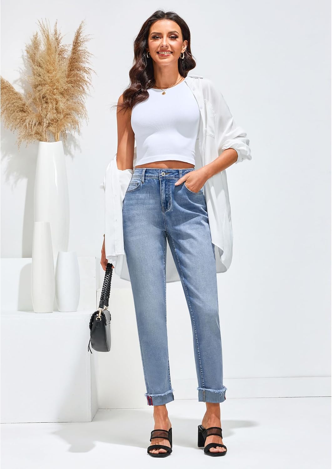 GRAPENT Jeans for Women Trendy High Waisted Slim Straight Leg Mom Jeans Stretchy Denim Pants Trouser Jeans with PocketsBlue Mist