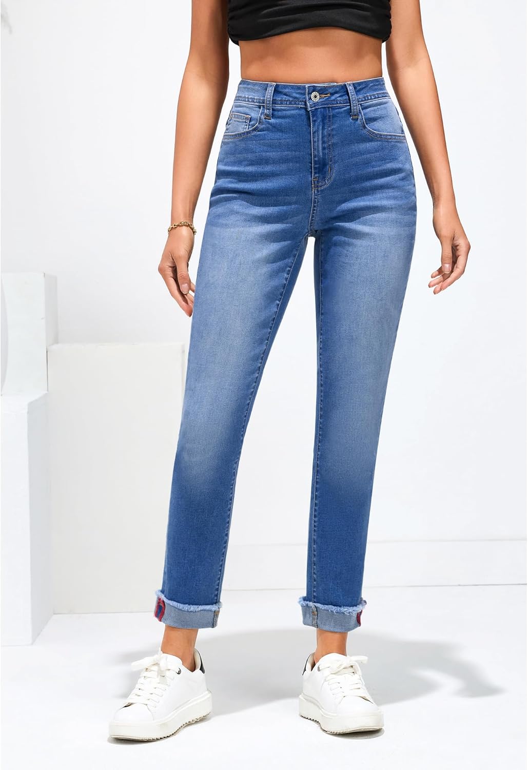 GRAPENT Jeans for Women Trendy High Waisted Slim Straight Leg Mom Jeans Stretchy Denim Pants Trouser Jeans with PocketsClassic Blue