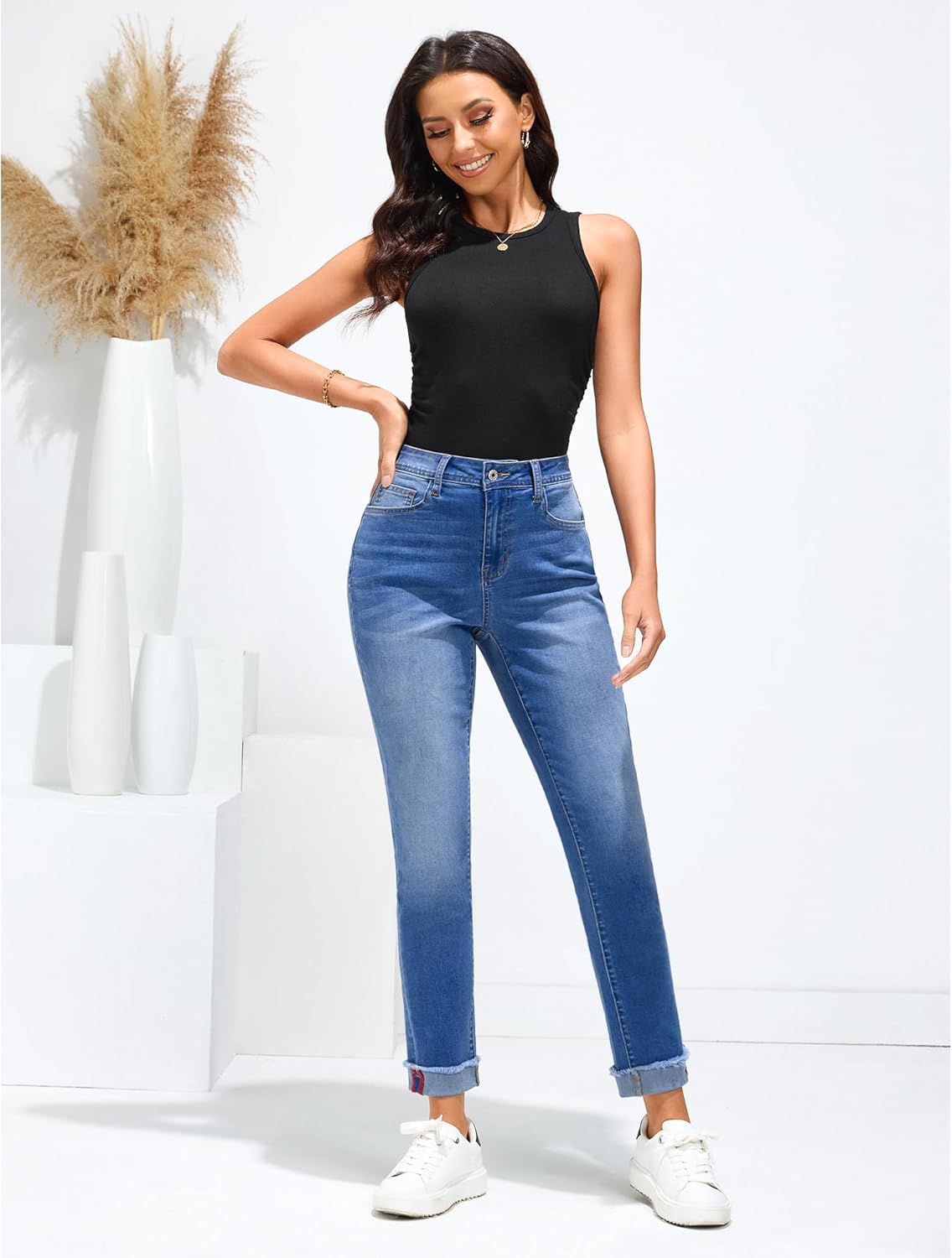 GRAPENT Jeans for Women Trendy High Waisted Slim Straight Leg Mom Jeans Stretchy Denim Pants Trouser Jeans with PocketsClassic Blue