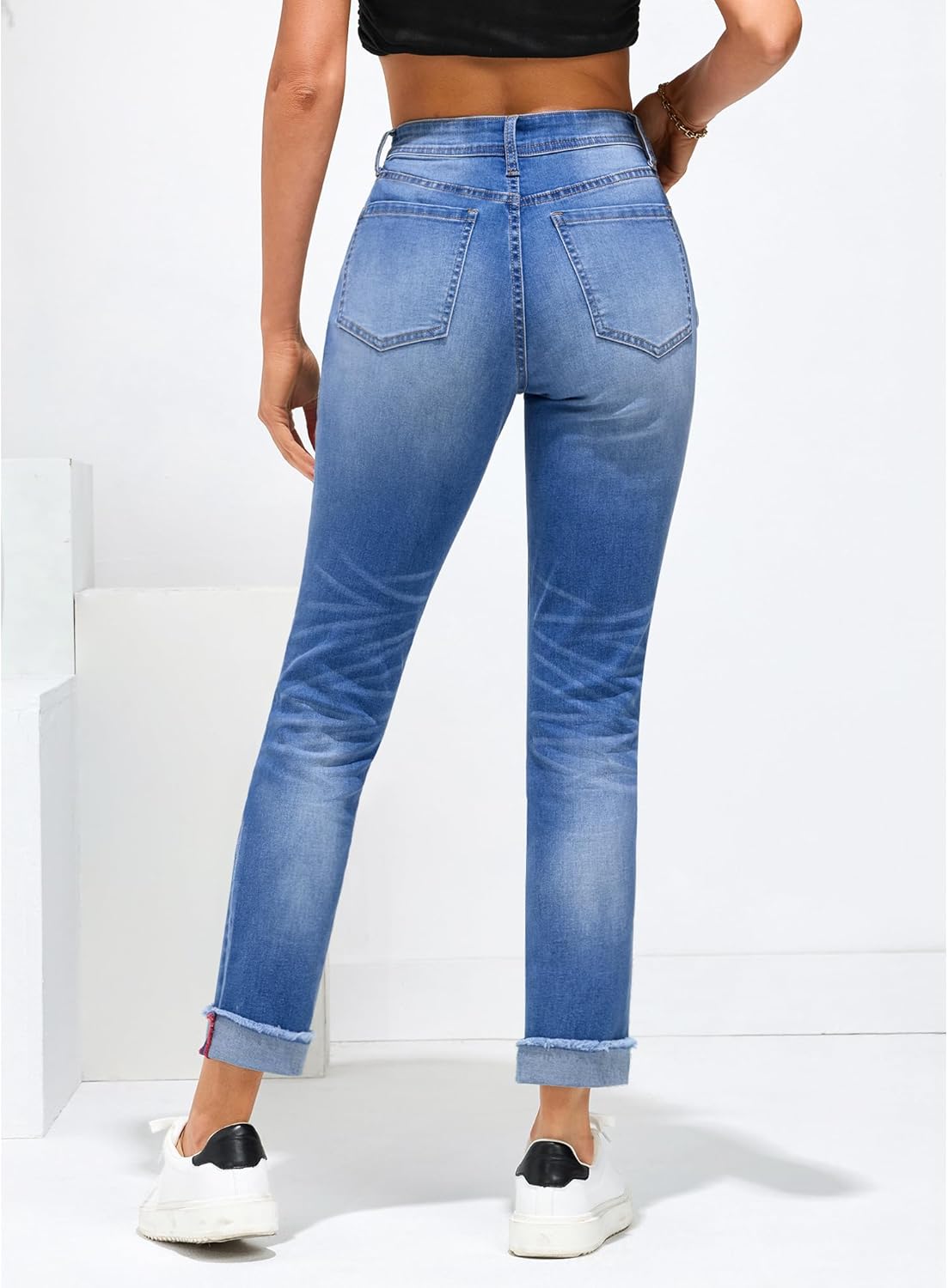 GRAPENT Jeans for Women Trendy High Waisted Slim Straight Leg Mom Jeans Stretchy Denim Pants Trouser Jeans with PocketsClassic Blue