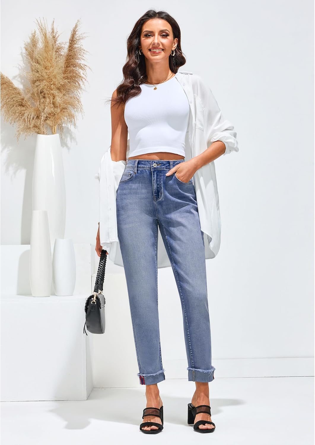 GRAPENT Jeans for Women Trendy High Waisted Slim Straight Leg Mom Jeans Stretchy Denim Pants Trouser Jeans with PocketsCobalt Night Blue