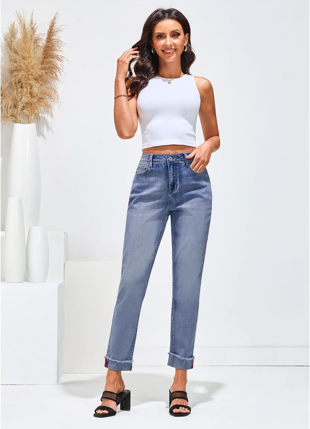 GRAPENT Jeans for Women Trendy High Waisted Slim Straight Leg Mom Jeans Stretchy Denim Pants Trouser Jeans with PocketsCobalt Night Blue