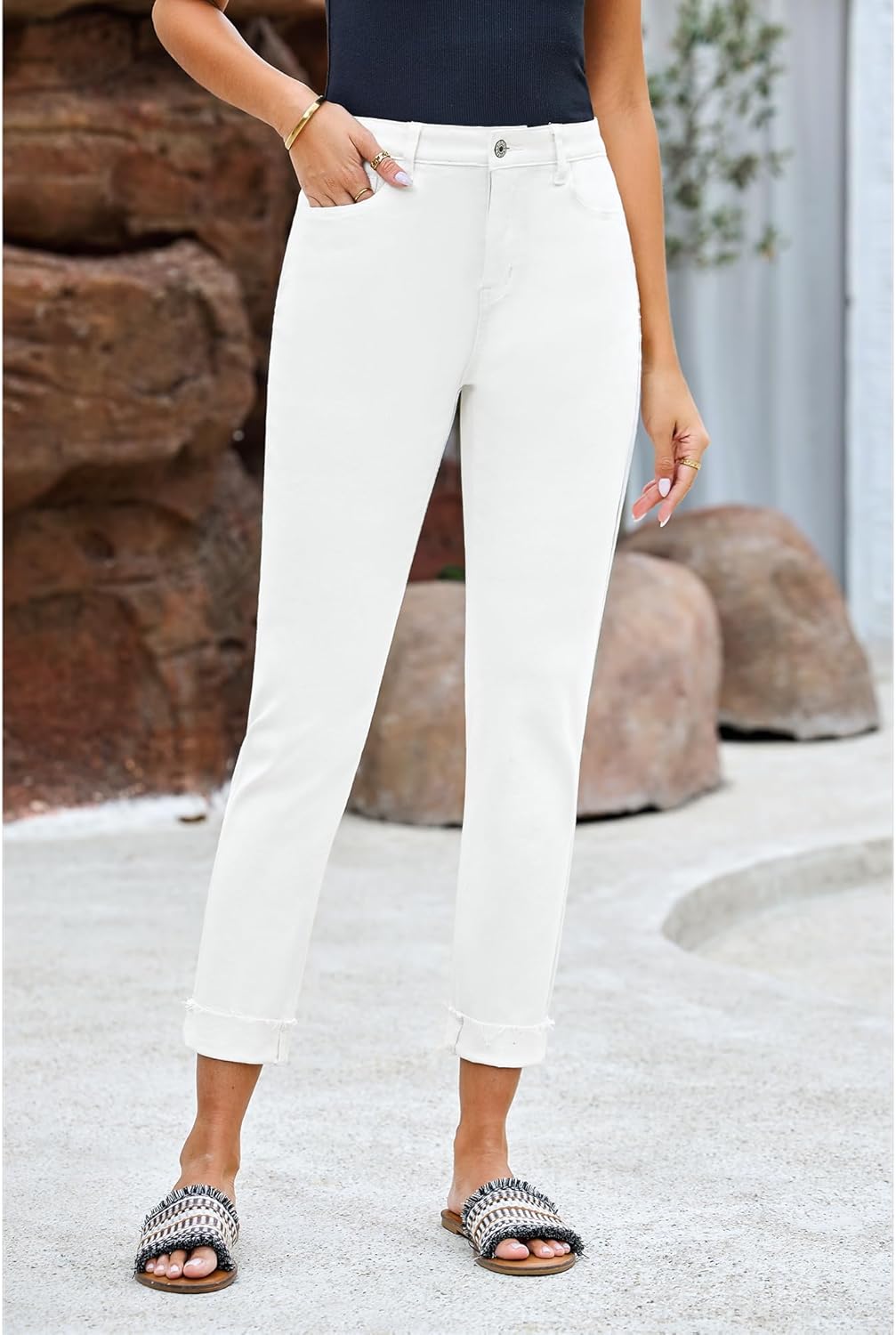 GRAPENT Jeans for Women Trendy High Waisted Slim Straight Leg Mom Jeans Stretchy Denim Pants Trouser Jeans with PocketsIvory White