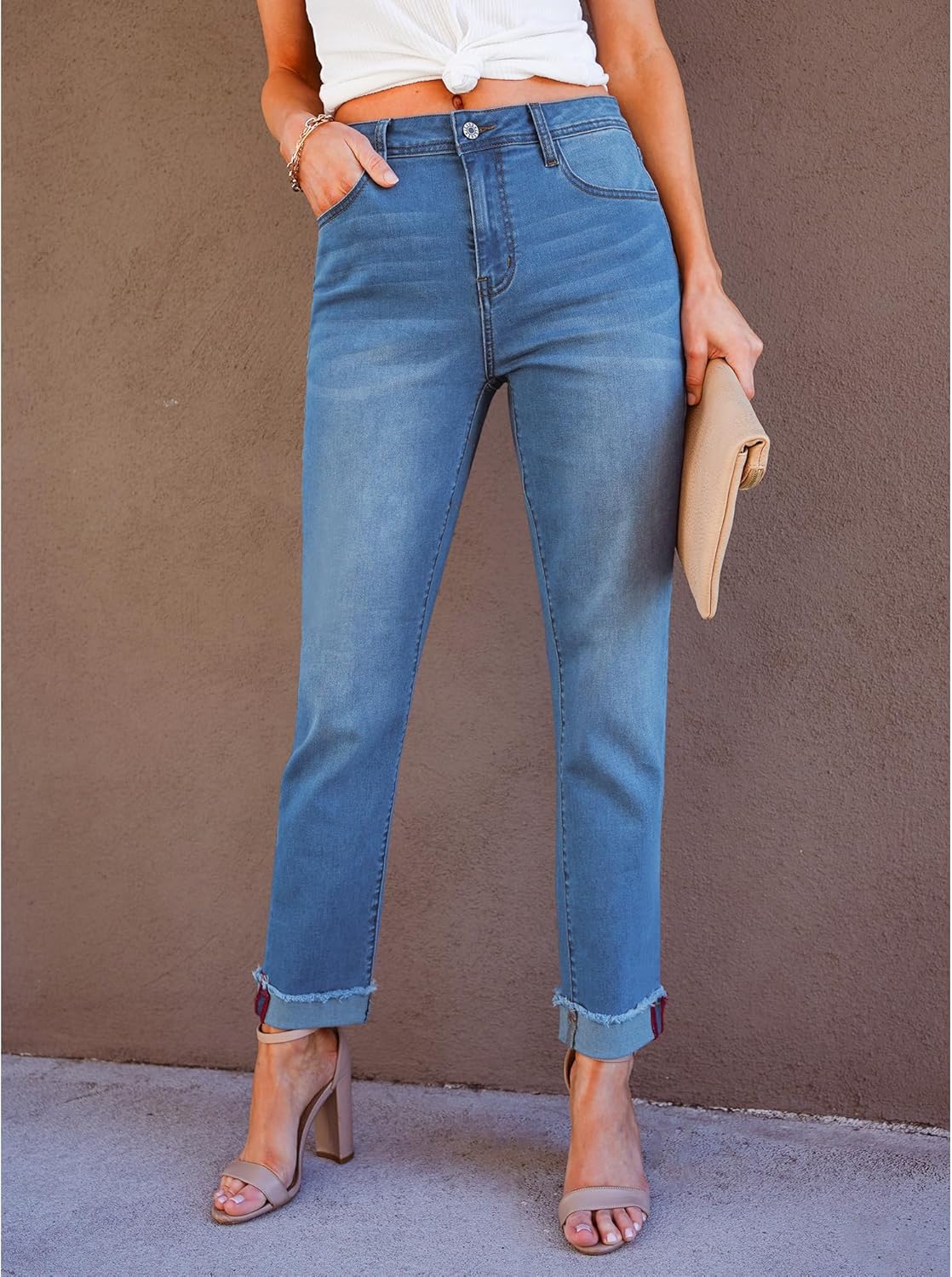 GRAPENT Jeans for Women Trendy High Waisted Slim Straight Leg Mom Jeans Stretchy Denim Pants Trouser Jeans with PocketsMedium Blue