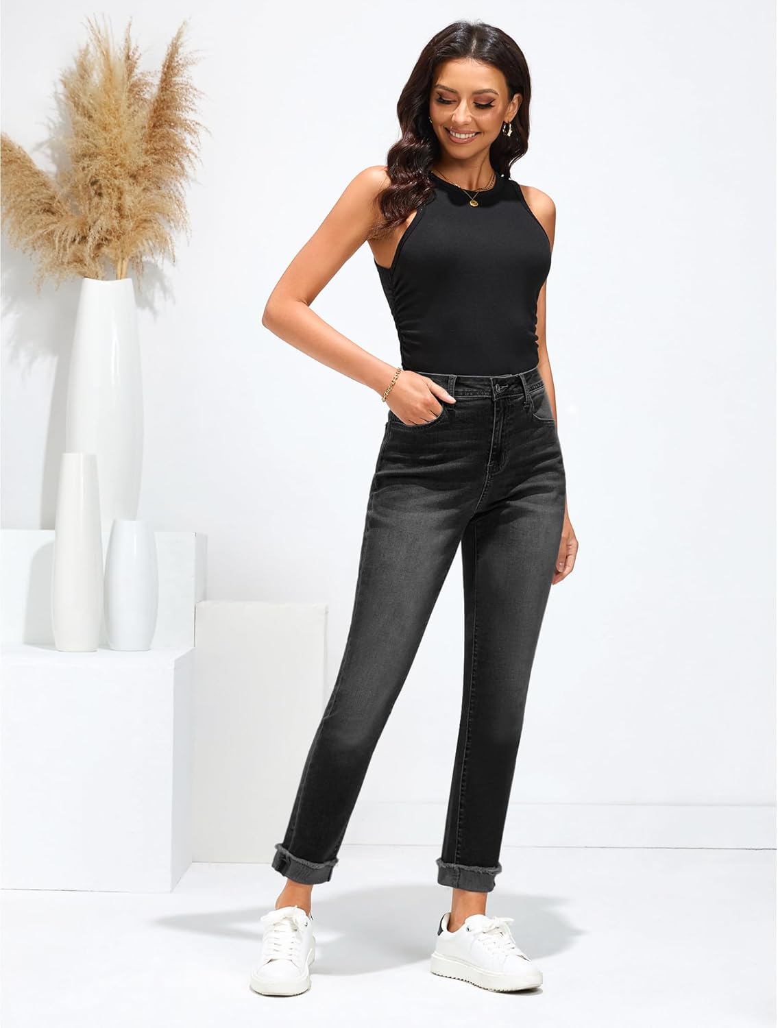 GRAPENT Jeans for Women Trendy High Waisted Slim Straight Leg Mom Jeans Stretchy Denim Pants Trouser Jeans with PocketsWashed Black