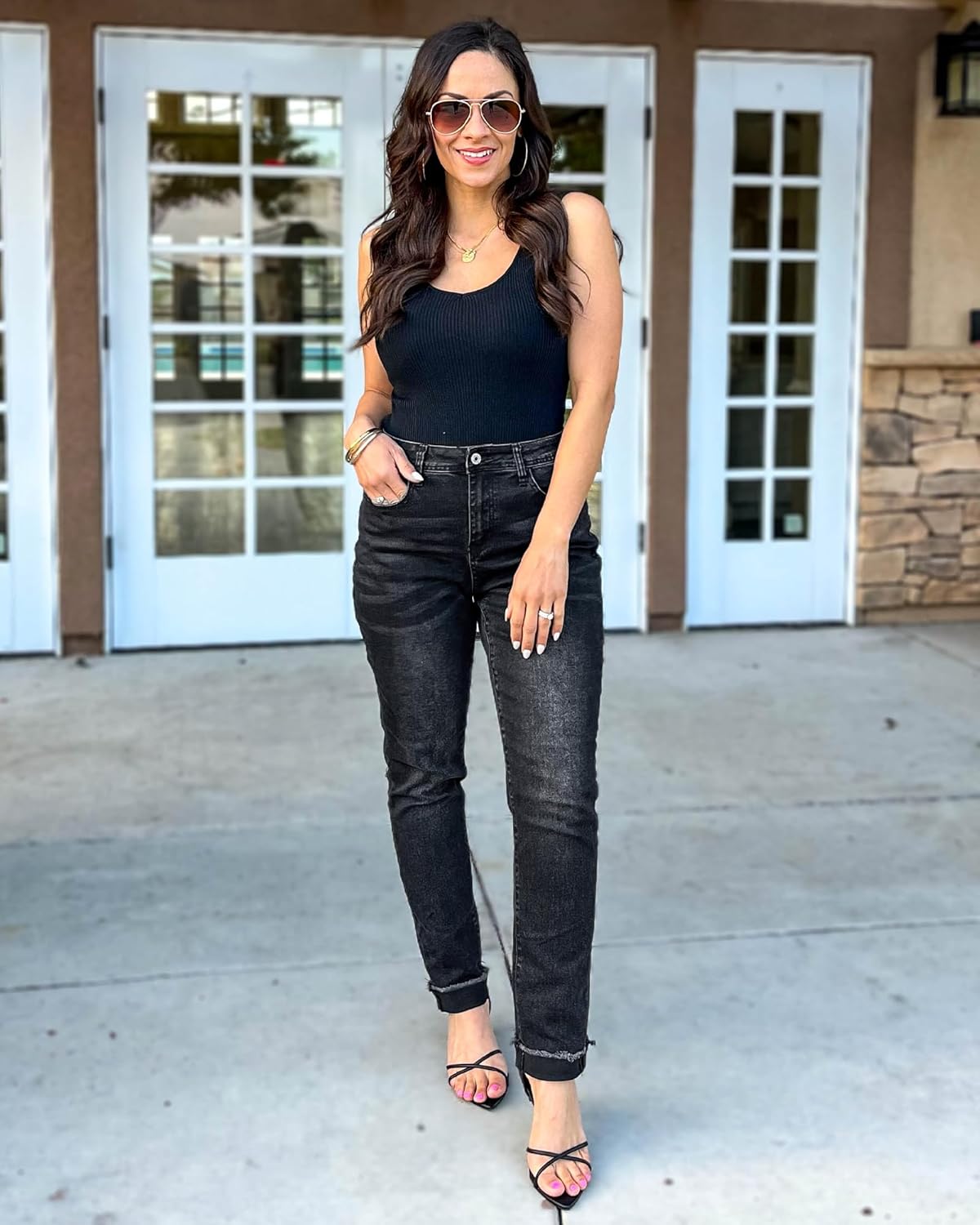 GRAPENT Jeans for Women Trendy High Waisted Slim Straight Leg Mom Jeans Stretchy Denim Pants Trouser Jeans with PocketsWashed Black