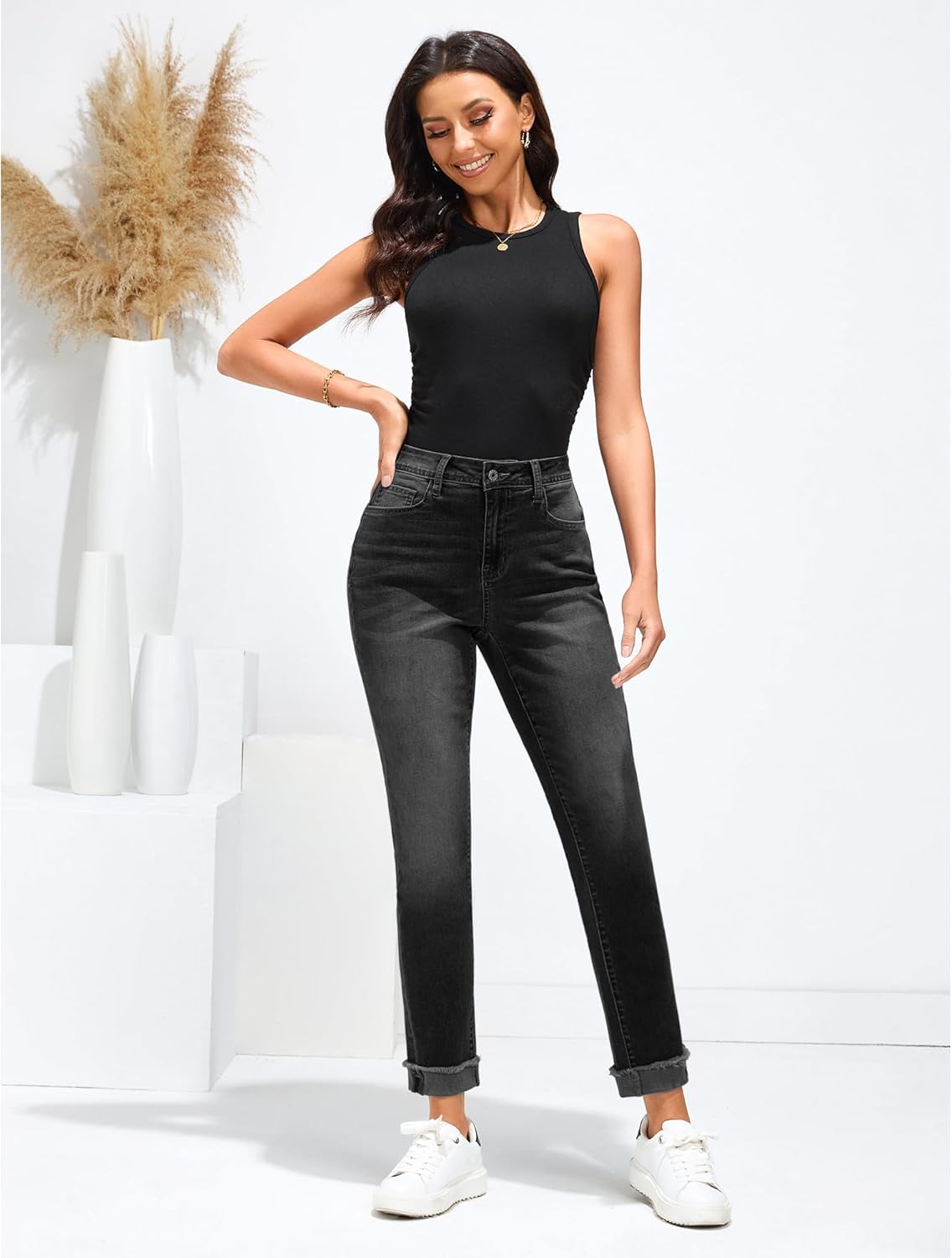 GRAPENT Jeans for Women Trendy High Waisted Slim Straight Leg Mom Jeans Stretchy Denim Pants Trouser Jeans with PocketsWashed Black
