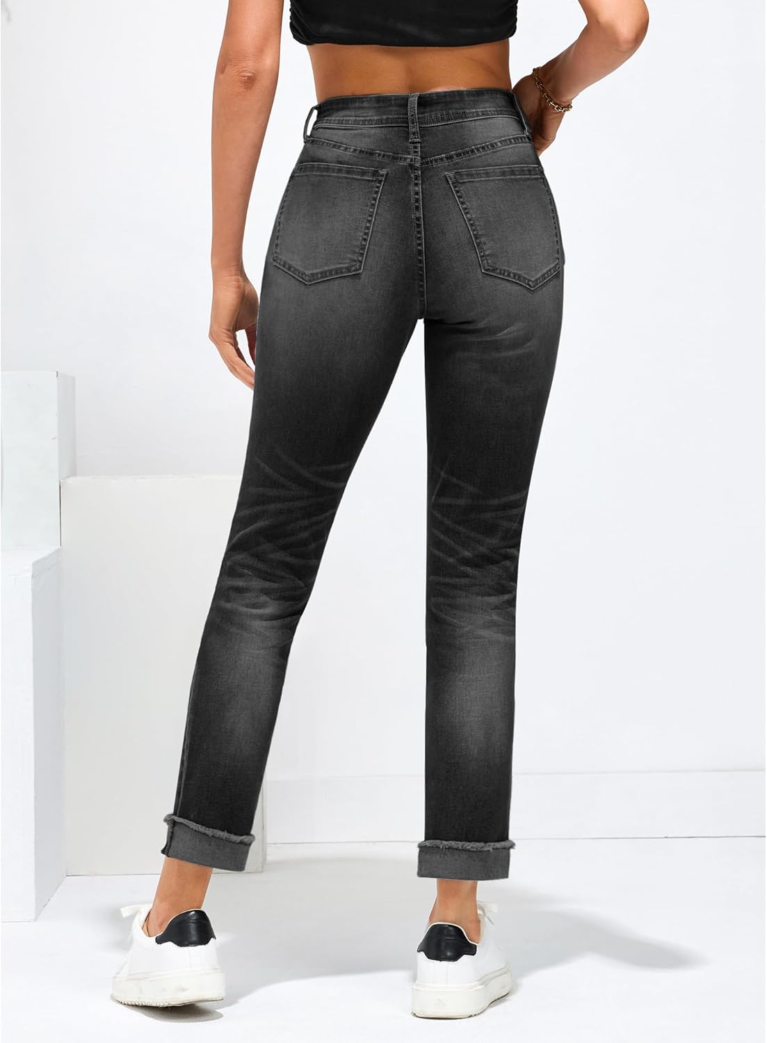 GRAPENT Jeans for Women Trendy High Waisted Slim Straight Leg Mom Jeans Stretchy Denim Pants Trouser Jeans with PocketsWashed Black