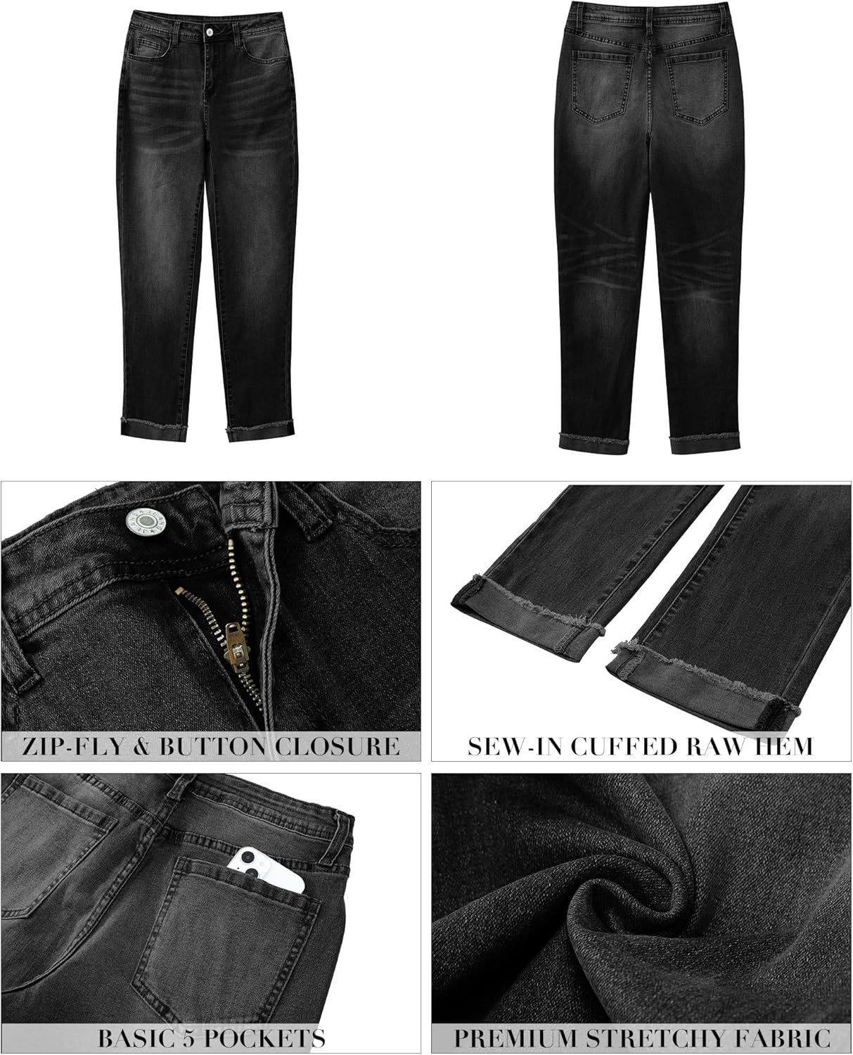 GRAPENT Jeans for Women Trendy High Waisted Slim Straight Leg Mom Jeans Stretchy Denim Pants Trouser Jeans with PocketsWashed Black