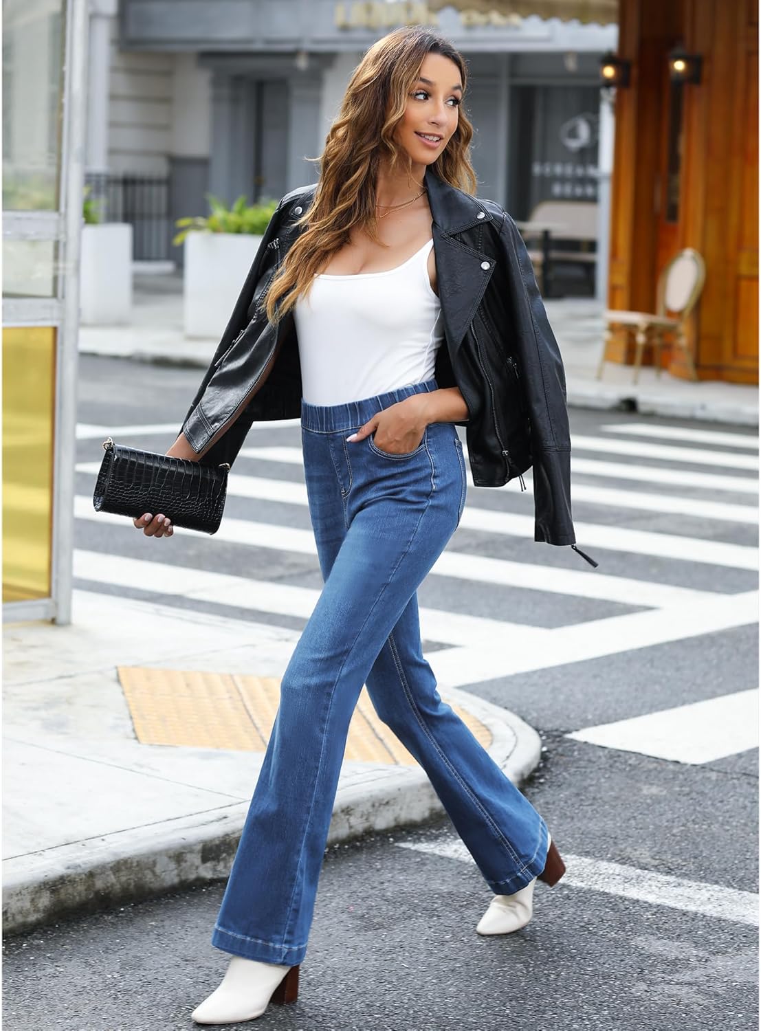 GRAPENT Pull On Jeans for Women High Waisted Stretchy Flare Elastic Waist Bootcut Denim Pants Boot Cut JeanClassic Blue