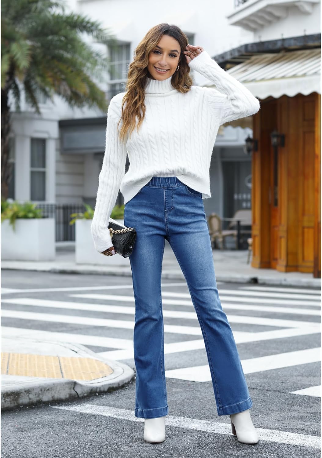 GRAPENT Pull On Jeans for Women High Waisted Stretchy Flare Elastic Waist Bootcut Denim Pants Boot Cut JeanClassic Blue