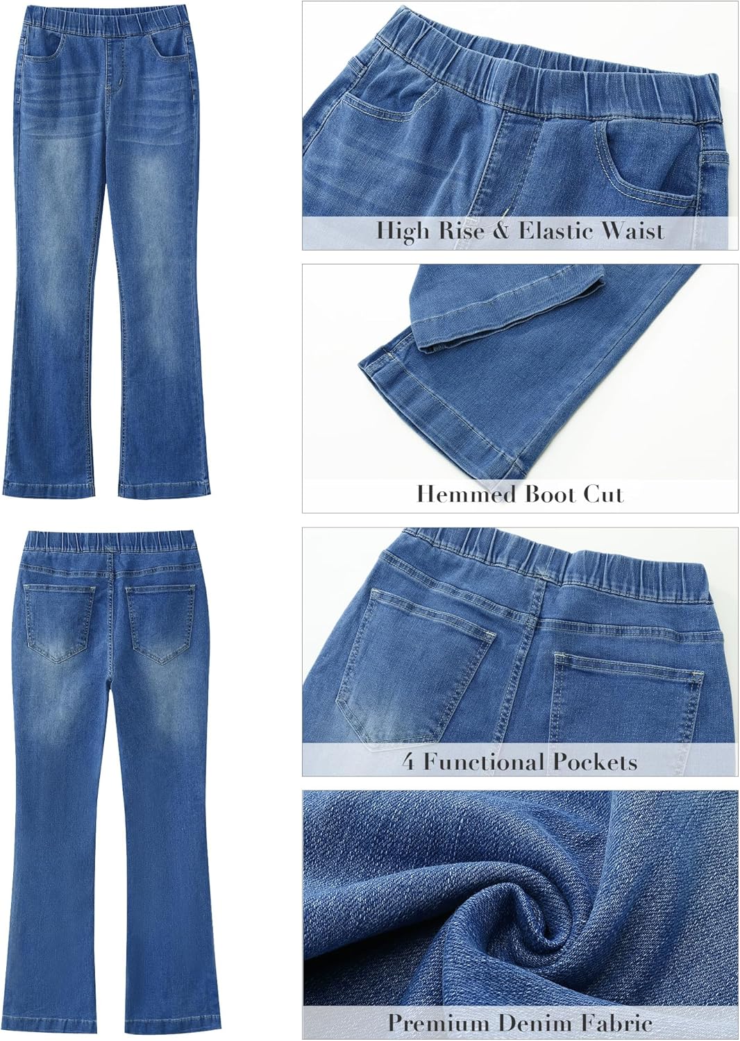 GRAPENT Pull On Jeans for Women High Waisted Stretchy Flare Elastic Waist Bootcut Denim Pants Boot Cut JeanClassic Blue