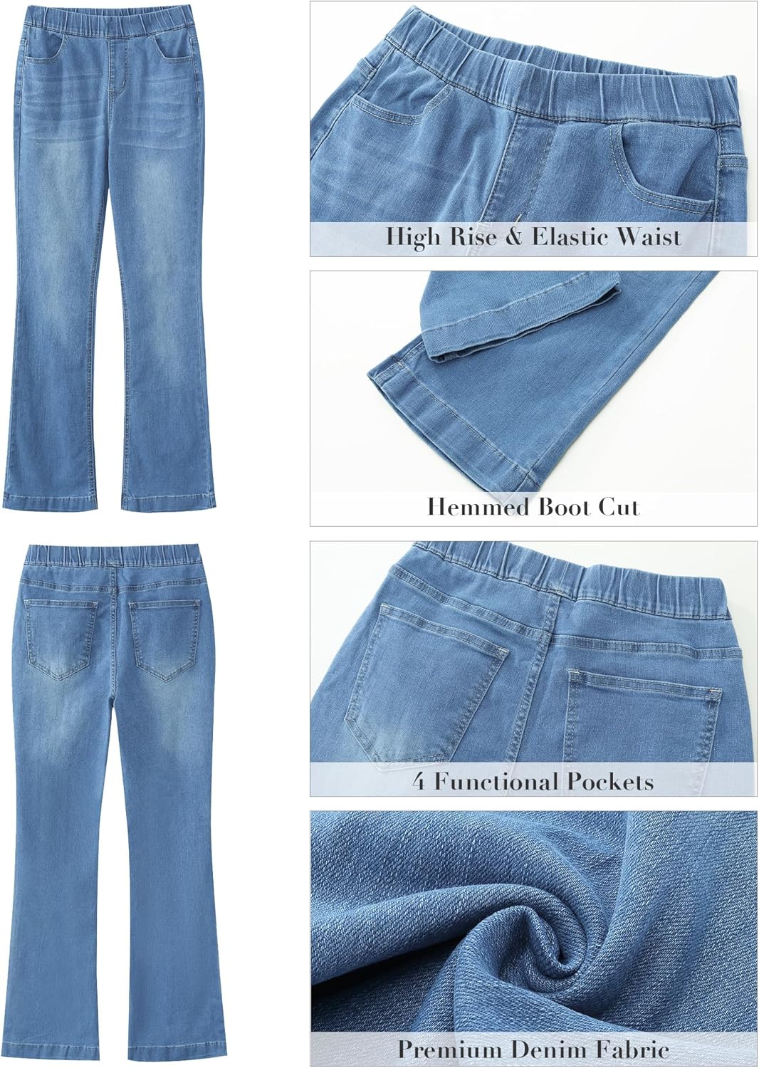 GRAPENT Pull On Jeans for Women High Waisted Stretchy Flare Elastic Waist Bootcut Denim Pants Boot Cut JeanLakeside Blue