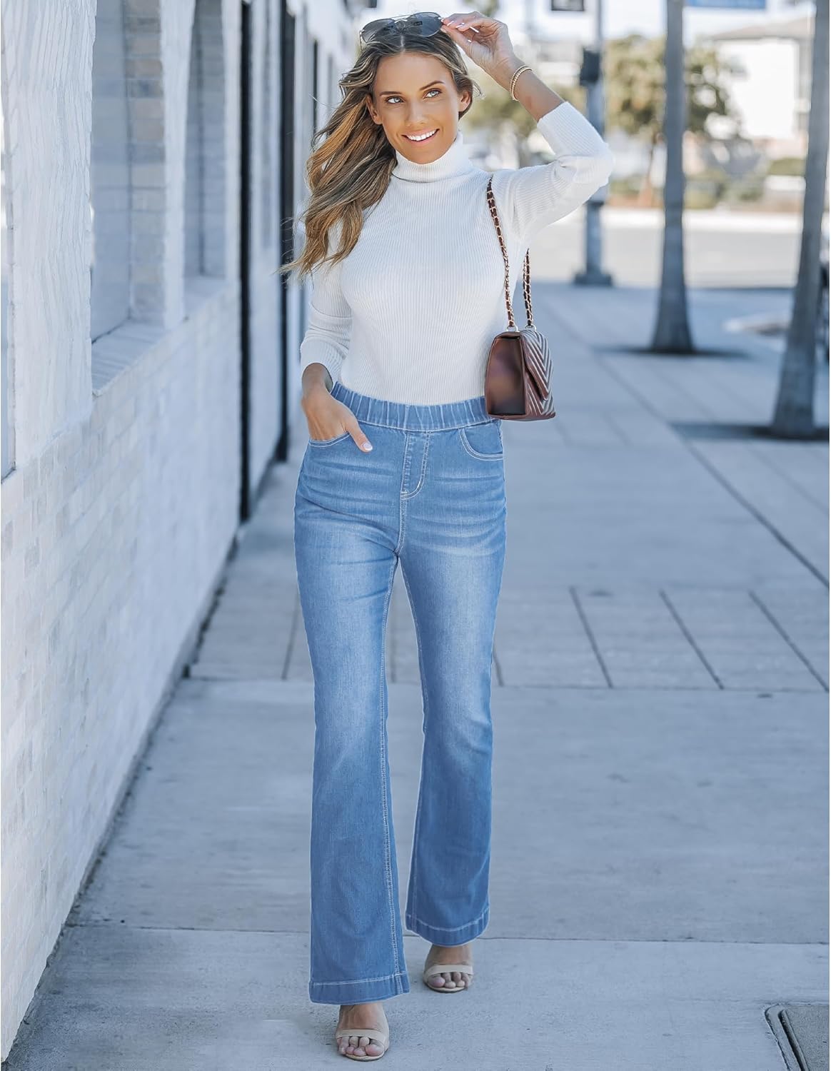 GRAPENT Pull On Jeans for Women High Waisted Stretchy Flare Elastic Waist Bootcut Denim Pants Boot Cut JeanLakeside Blue