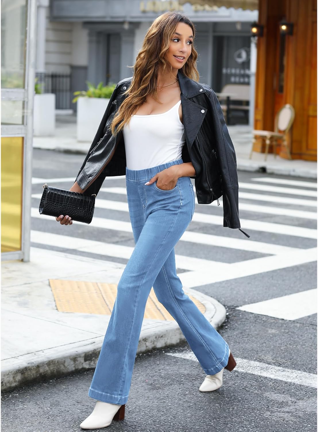 GRAPENT Pull On Jeans for Women High Waisted Stretchy Flare Elastic Waist Bootcut Denim Pants Boot Cut JeanLakeside Blue