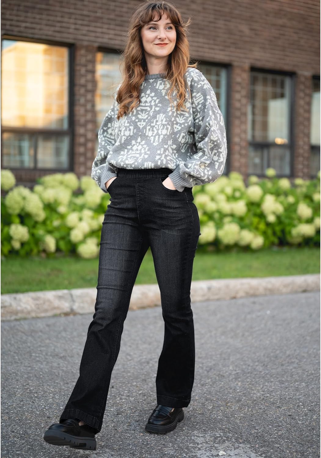 GRAPENT Pull On Jeans for Women High Waisted Stretchy Flare Elastic Waist Bootcut Denim Pants Boot Cut JeanWashed Black