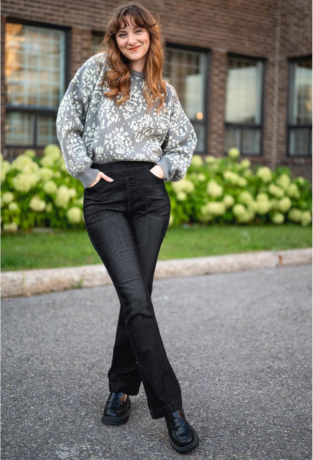 GRAPENT Pull On Jeans for Women High Waisted Stretchy Flare Elastic Waist Bootcut Denim Pants Boot Cut JeanWashed Black