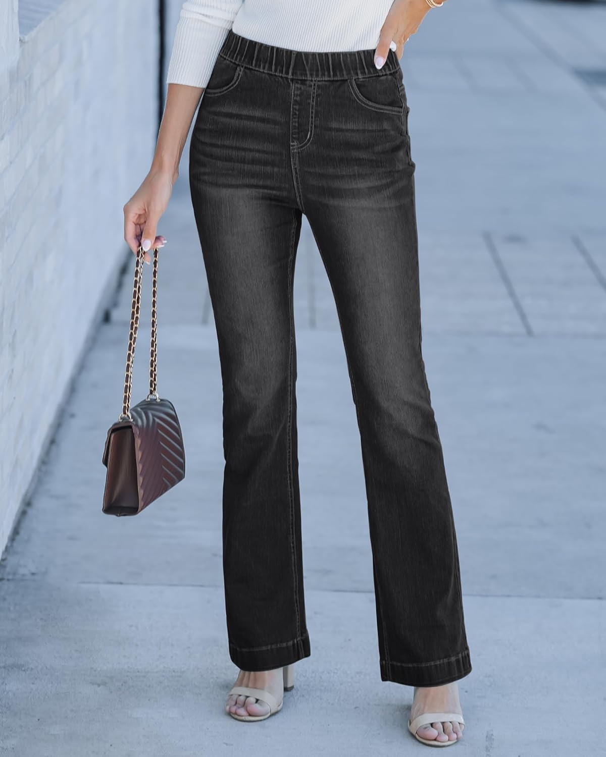 GRAPENT Pull On Jeans for Women High Waisted Stretchy Flare Elastic Waist Bootcut Denim Pants Boot Cut JeanWashed Black