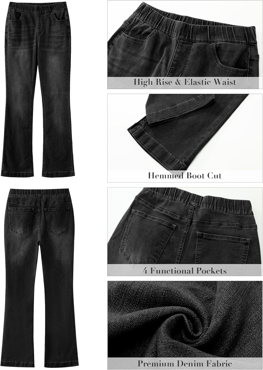 GRAPENT Pull On Jeans for Women High Waisted Stretchy Flare Elastic Waist Bootcut Denim Pants Boot Cut JeanWashed Black