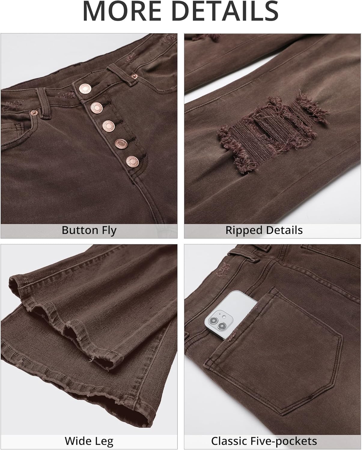 GRAPENT Ripped Jeans for Women High Waist Stretchy Button Fly Denim Flare Wide Leg Distressed Jean Pants Baggy JeansPecan Brown