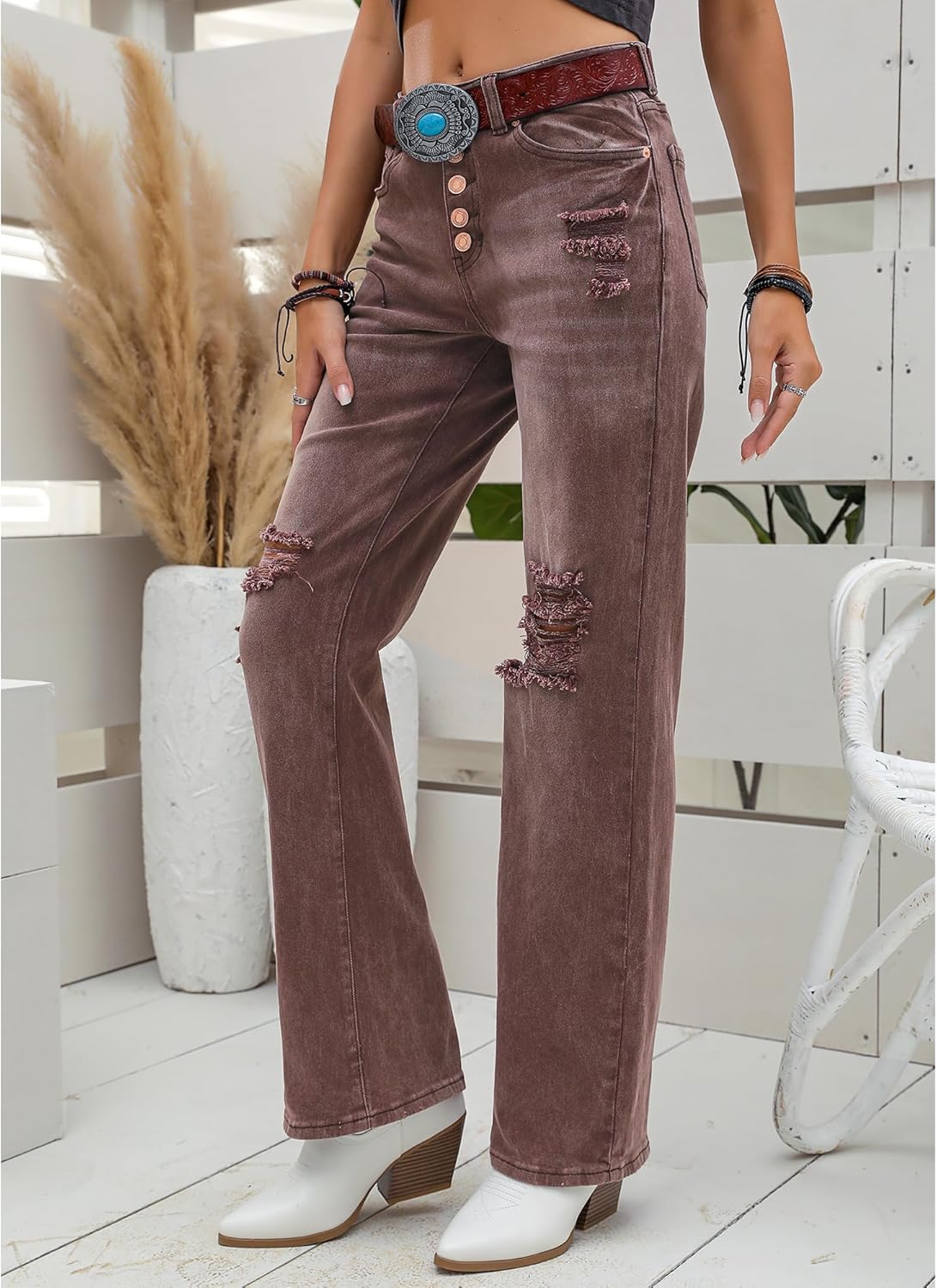 GRAPENT Ripped Jeans for Women High Waist Stretchy Button Fly Denim Flare Wide Leg Distressed Jean Pants Baggy JeansPecan Brown