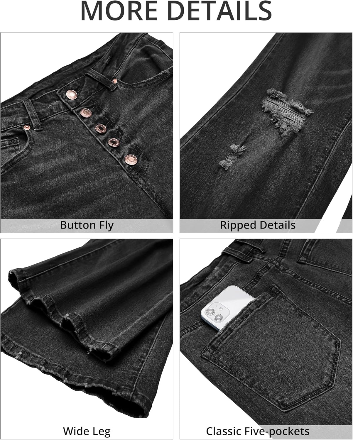 GRAPENT Ripped Jeans for Women High Waist Stretchy Button Fly Denim Flare Wide Leg Distressed Jean Pants Baggy JeansSoft Black